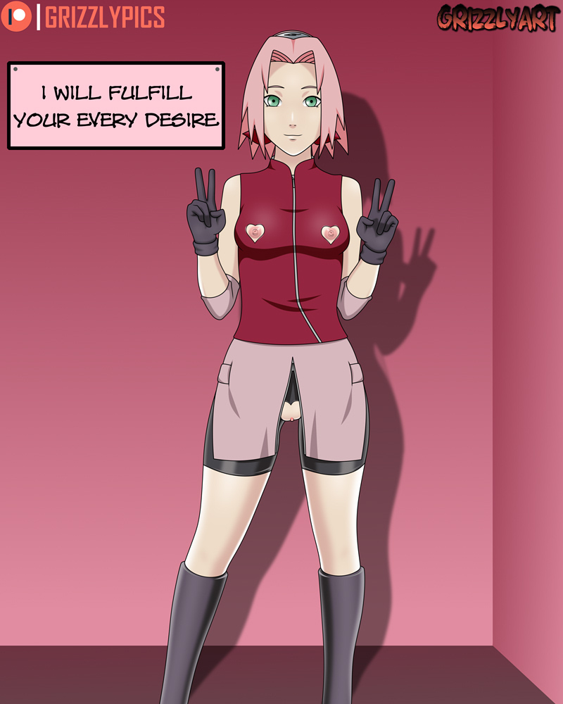 1girls, breasts, crotchless, female, green eyes, grizzlyart, human, medium breasts, naruto, naruto (series), navel, nippleless clothes, pink hair, pussy, sakura haruno, solo, standing