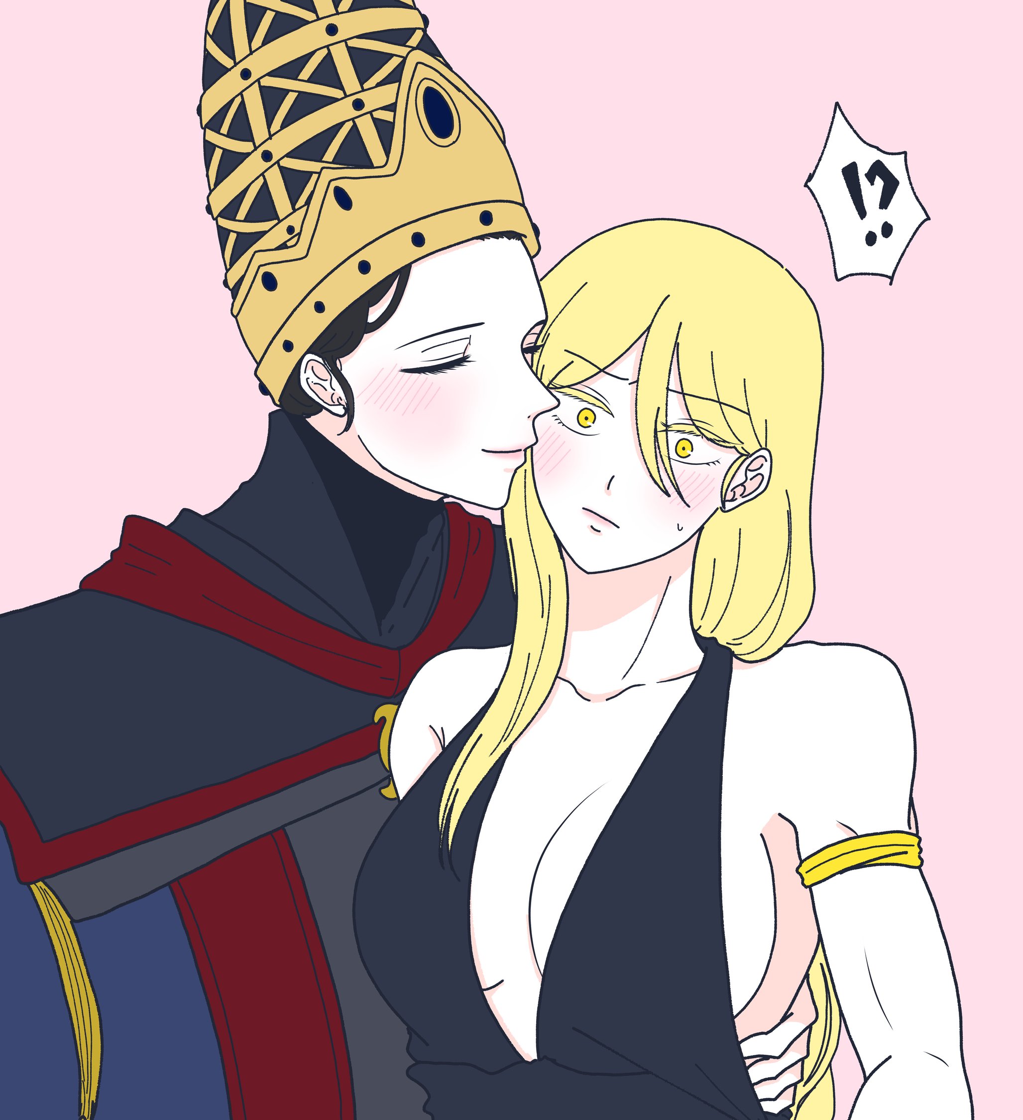 !?, 2girls, big breasts, blush, breasts, cleavage, elden ring, female, female only, fromsoftware, hugging, kkiruck, queen marika the eternal, rennala queen of the full moon, sideboob, wholesome, wife and wife, yuri