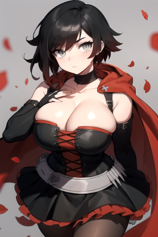 1girls ai_generated big_breasts boob_window breasts cleavage daidouji_(artist) daidoujipv looking_at_viewer mommy ruby_rose rwby short_hair solo