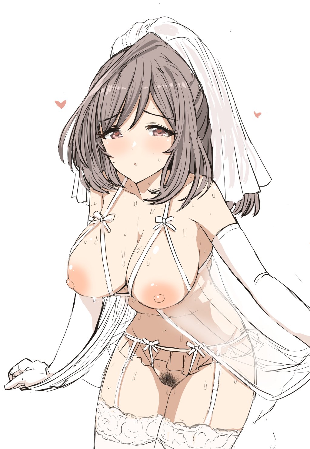 1girls, areolae, babydoll, bad id, bad twitter id, bare shoulders, blush, bow, bra, breasts, bridal veil, bride, brown hair, bush, collarbone, cupless babydoll, elbow gloves, female, female only, female pubic hair, functionally nude, garter belt, garter straps, gloves, hair up, half-closed eyes, heart, heart-shaped pupils, highres, huge breasts, idolmaster, idolmaster shiny colors, large breasts, leaning forward, lingerie, long hair, looking at viewer, looking pleasured, navel, negligee, nipples, no panties, open mouth, pleasure face, ponytail, pubes, pubic hair, red eyes, sheer, sketch, solo, solo female, standing, sweat, sweatdrop, symbol-shaped pupils, thighhighs, tied hair, tsukioka kogane, uncensored, underwear, upanishi mariko, veil, wedding dress, wedding lingerie, wedding veil, white background, white gloves, white skin