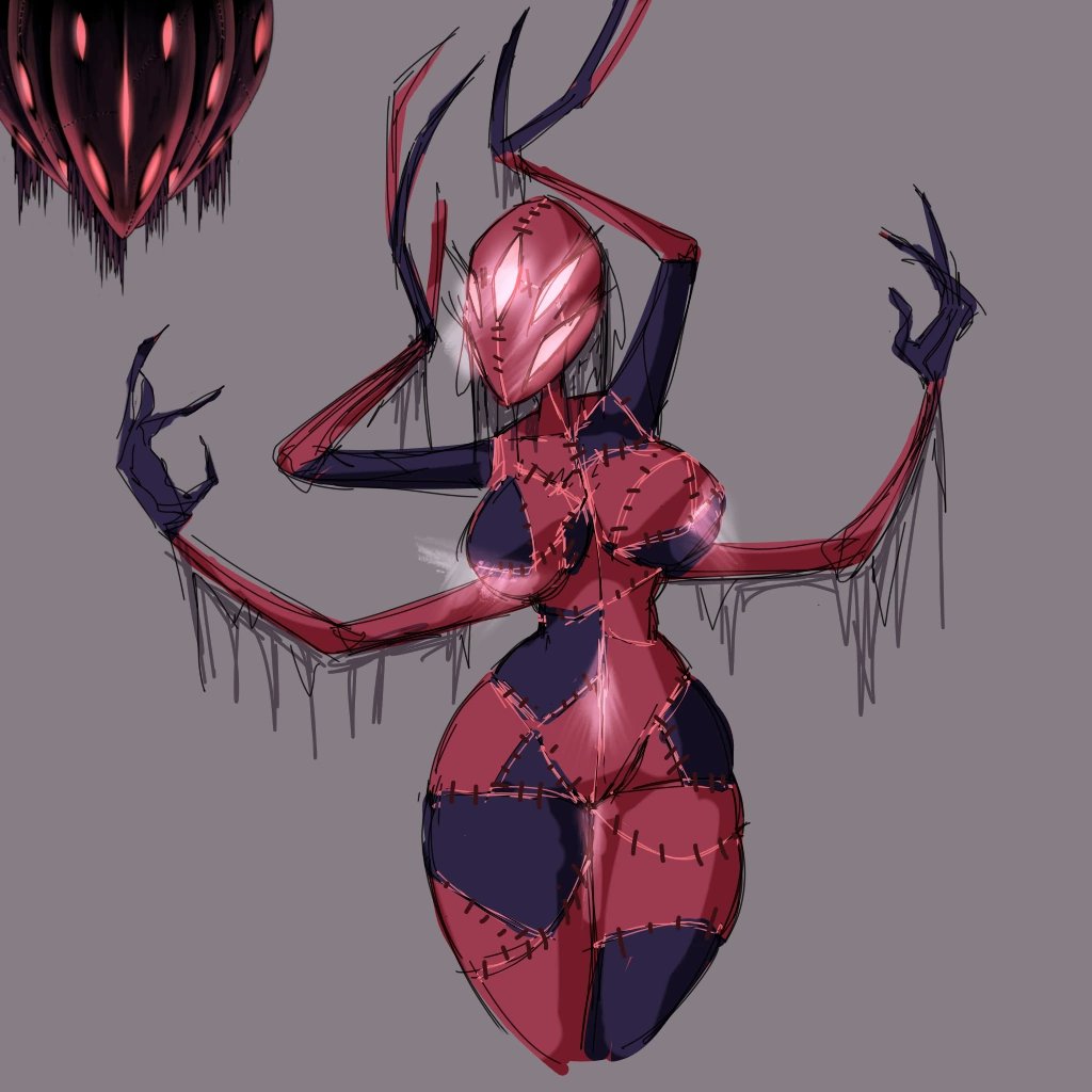 1girls 2023 4_arms 5_eyes anthro anthrofied big_breasts breasts clothed clothing female female_only glowing_eyes hollow_knight monster monster_girl multi_arm multi_eye multi_limb nightmare_heart patchwork_creature patchwork_monster patchwork_skin red_eyes sicksinner_(artist) sketch solo thick_thighs thighs