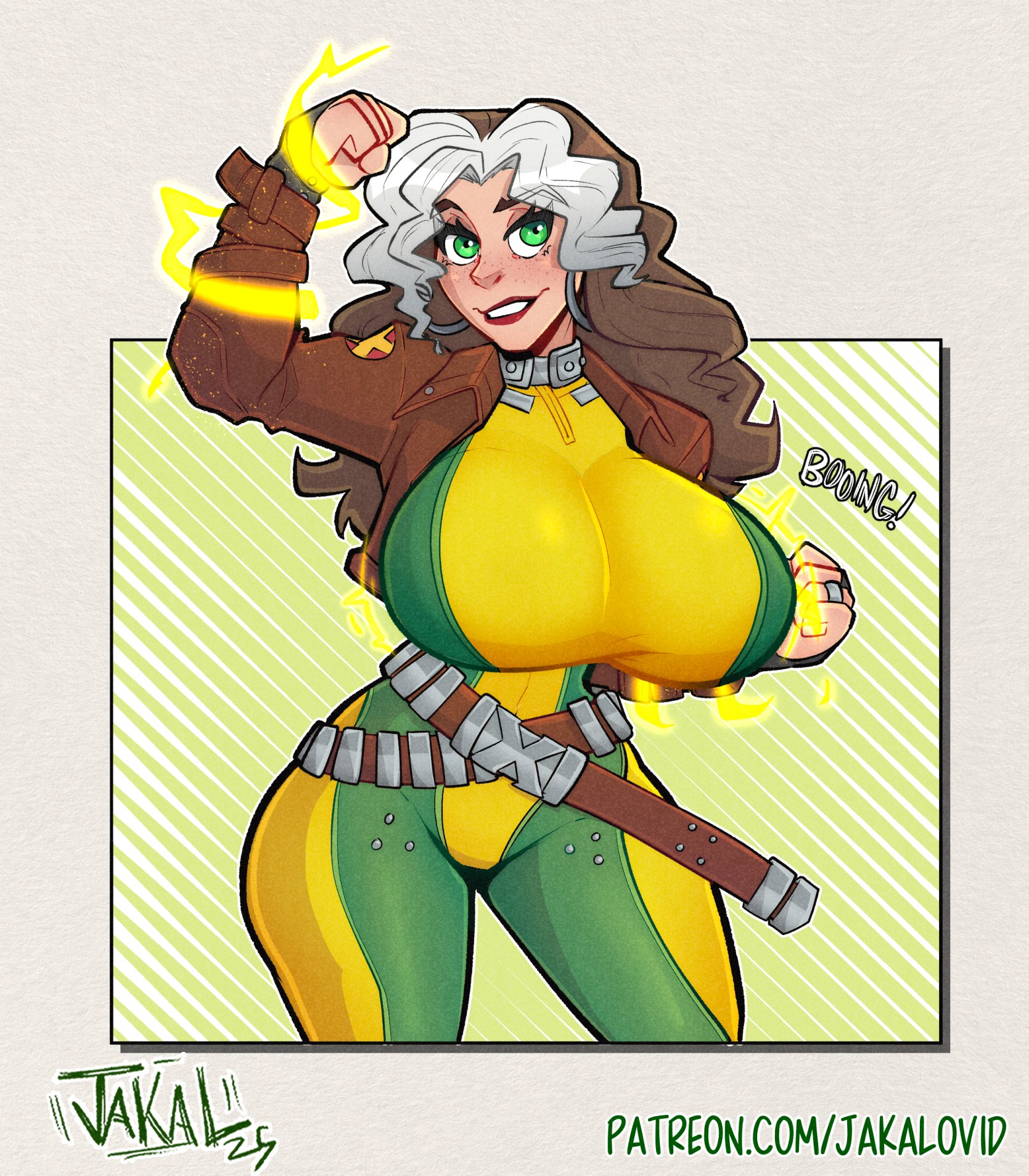 alternate breast size, alternate breast size (larger), brown hair, brown jacket, cropped jacket, green eyes, huge breasts, jacket, jakal63, jakalovid, marvel, marvel rivals, multicolored bodysuit, multicolored hair, mutant (marvel), red lips, rogue (marvel rivals), rogue (x-men), sfw, smile, two-tone hair, white hair, x-men