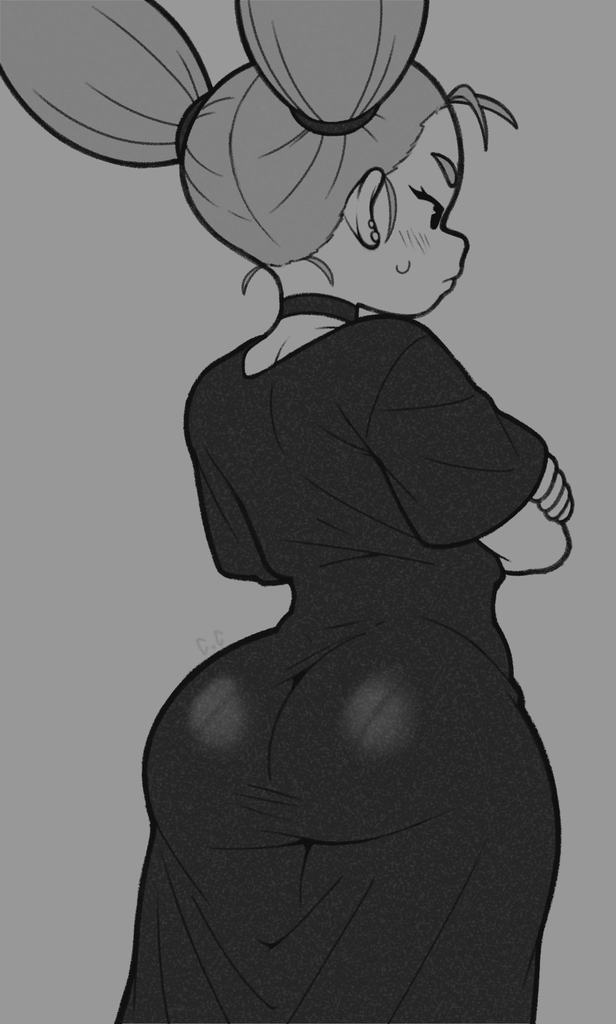 1girls, ass, ass focus, big ass, big butt, black dress, blush, champchidi, choker, dress, greyscale, jujutsu kaisen, light blush, mob face, monochrome, nishimiya momo, pantylines, solo, solo female, solo focus, twintails