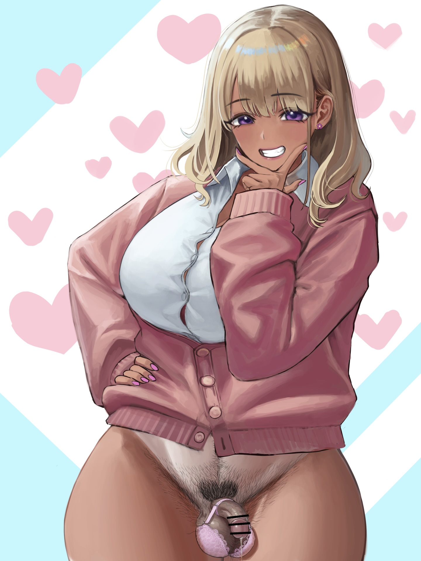 1futa, 2023, 2d, balls, balls bra, bangs, big breasts, big hips, blonde hair, blush, breasts, casual, casual exposure, casual nudity, censored, doukutsu ika, female, full color, futa only, futanari, gyaru, hairy balls, hips, huge breasts, human, intersex, light skin, light-skinned futa, long hair, mostly clothed, no penetration, penis, pubic hair, sagging balls, schoolgirl, small penis, smile, smiling, solo, standing, tan body, tan skin, tanned, testicles, thick thighs, thighs