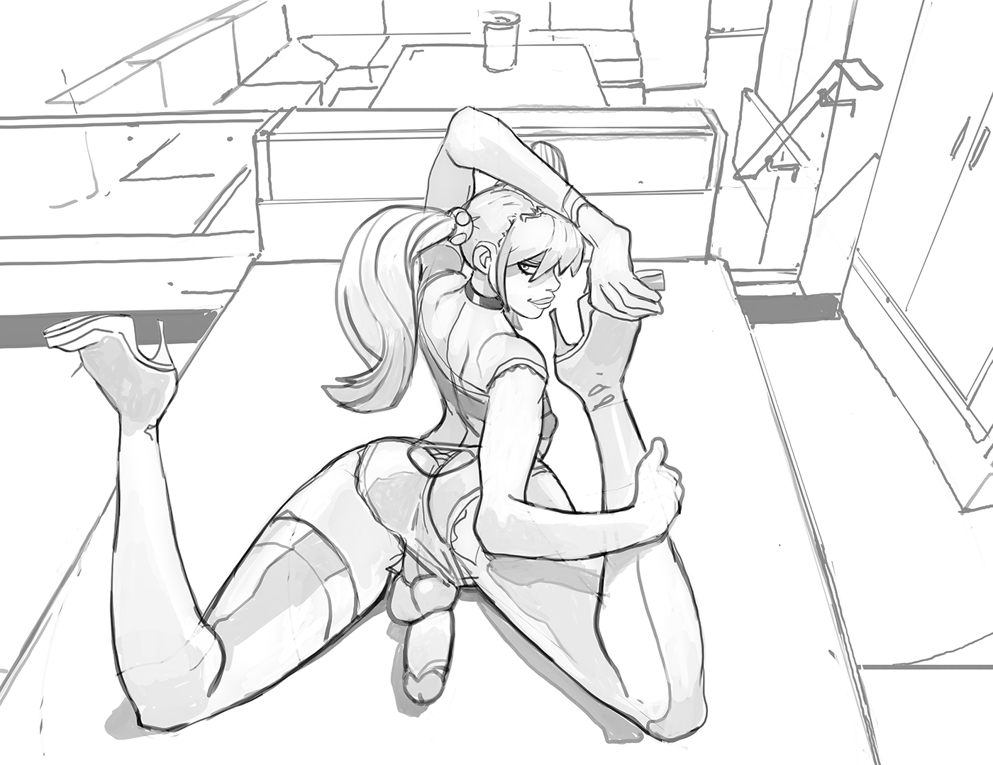 1boy, 2d, ass, back view, balls, choker, cock-tail, erection, femboy, femboy only, flexible, high heels, jjfrenchie, legs apart, long hair, looking at viewer, looking back, male, male only, monochrome, original, original character, panties aside, partially clothed, peach (dmitrys), penis, penis out, rear view, smile, solo, solo femboy, testicles, tight clothing, trap, twintails, yoga pose