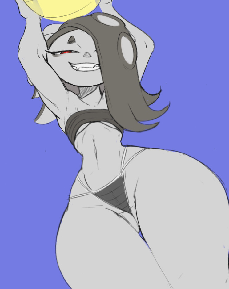 1girls, af42nd, artform42nd, ass, blue background, deep cut (splatoon), female, female only, hips, light skin, light-skinned female, nintendo, octoling, octoling girl, pose, red eyes, shiver (splatoon), solo, solo female, splatoon, splatoon (series), splatoon 3, spot color, tagme, thick thighs, thighs, wide hips