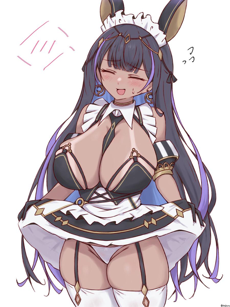 animal ears, azur lane, bangs, between breasts, black gloves, black hair, blunt bangs, blush, breasts, cg, cleavage, cleopatra (azur lane), closed eyes, clothes lift, colored inner hair, dark skin, dark-skinned female, earrings, female, flying sweatdrops, garter straps, gloves, jewelry, large breasts, long hair, maid, maid headdress, multicolored hair, necktie, necktie between breasts, open mouth, panties, purple hair, skirt, skirt lift, skirt lifted by self, smile, solo, tan, thighhighs, underwear, white background, white panties, white thighhighs