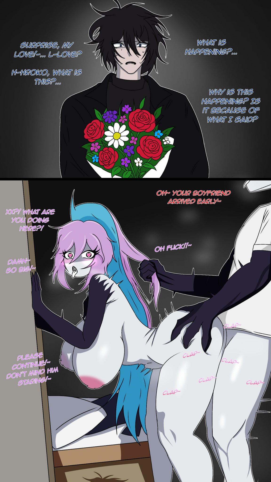 1girls, 2boys, big breasts, breasts, breasts out, cheating wife, fpe oc, fundamental paper education, miss huroko, mister freddie artist, moaning, naked female, no pants, ntr, penetration, shirt, shocked