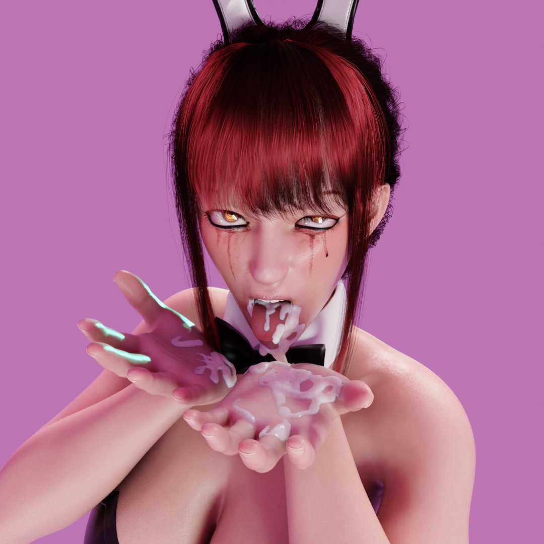3d, 3d (artwork), 3d model, 3d render, after fellatio, after oral, bangs, big breasts, blender, blunt bangs, breasts, bunnysuit, chainsaw man, clancy, cleavage, cum, cum in mouth, cum on face, cum on hands, disgusted, excessive cum, eye contact, eye half closed, large breasts, leotard, looking at viewer, makima (chainsaw man), mascara, mascara running, mascara smear, mascara tears, open mouth, playboy bunny, red hair, render, running makeup, running mascara, runny makeup, shiny skin, simple background, uneven eyes, yellow eyes