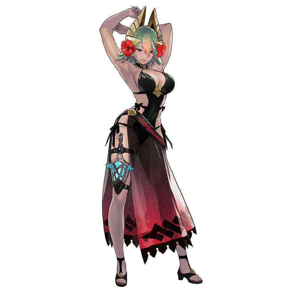arms behind head, big breasts, bra, breasts, clothing, dark skin, dark-skinned female, female, female only, fire emblem, fire emblem heroes, flower, green hair, horns, laegjarn (fire emblem), nintendo, official art, pose, red eyes