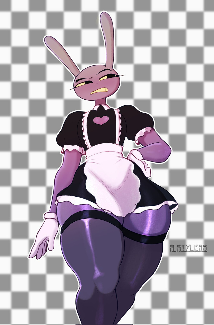 1boy, 9 styless, anthro, blush, clenched teeth, eyelashes, fake transparency, femboy, furry, gloves, hand on hip, heart, heart symbol, jax (tadc), jax (the amazing digital circus), maid, maid jax (the amazing digital circus), maid outfit, maid uniform, male, rabbit, rabbit ears, solo, solo male, tadc, tagme, the amazing digital circus, thicc, thick, thick ass, thick thighs, thighhighs, thighs, yellow sclera