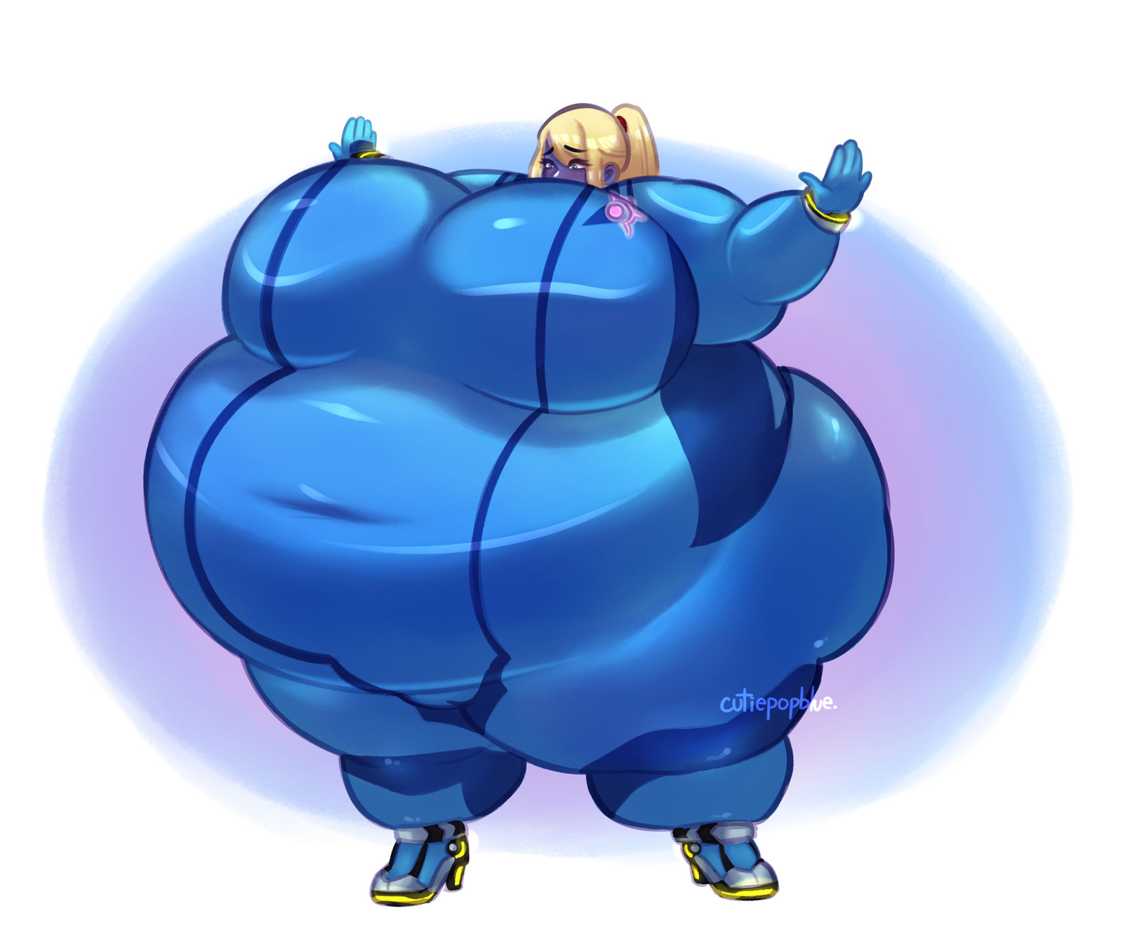 1girls, alternate breast size, ass, ass expansion, belly, belly expansion, blonde hair, blue skin, blue skinned female, blueberry inflation, body inflation, breast expansion, breast growth (enlargement), breasts, clothing, cutiepopblue, fat, female, female only, female weight gain, heels, inflation, large breasts, latex, metroid, morbidly obese, navel, nintendo, ponytail, samus aran, skinsuit, solo, solo female, stretched clothing, swelling, swelling belly, thick thighs, weight gain, wide hips