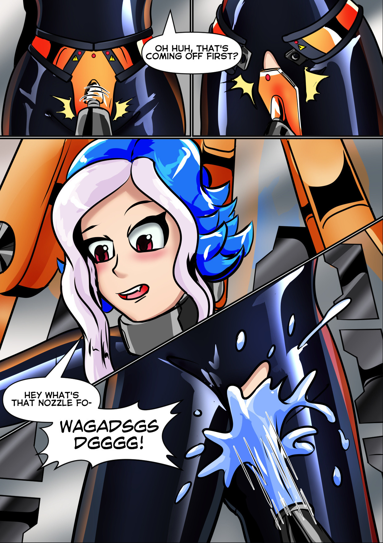 1girls, automated, bdsm gear, blue hair, bodysuit, bondage, catsuit, character request, chastity, chastity belt, chastity device, comic, fangs, female, female chastity, female only, femsub, helpless, high quality, latex, pink eyes, plasma-dragon, removing belt, restrained, shocked, speech bubble, splashing, spraying water, vampire, vampire girl, vtuber, water, white hair stripe