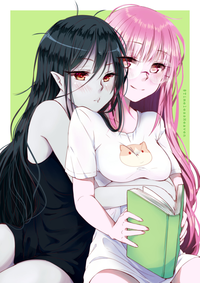 2girls adventure_time bare_legs bare_shoulders black_dress black_hair blush book breasts brown_eyes canon_couple cartoon_network closed_mouth couple cute dress duo female female_only glasses green_background grey_skin hug hug_from_behind interspecies legs lips long_hair looking_at_another marceline medium_breasts monster_girl multiple_females multiple_girls neck open_book pink_eyes pink_hair pointy_ears princess_bubblegum seikopy shirt smile t-shirt vampire white_shirt wholesome yuri