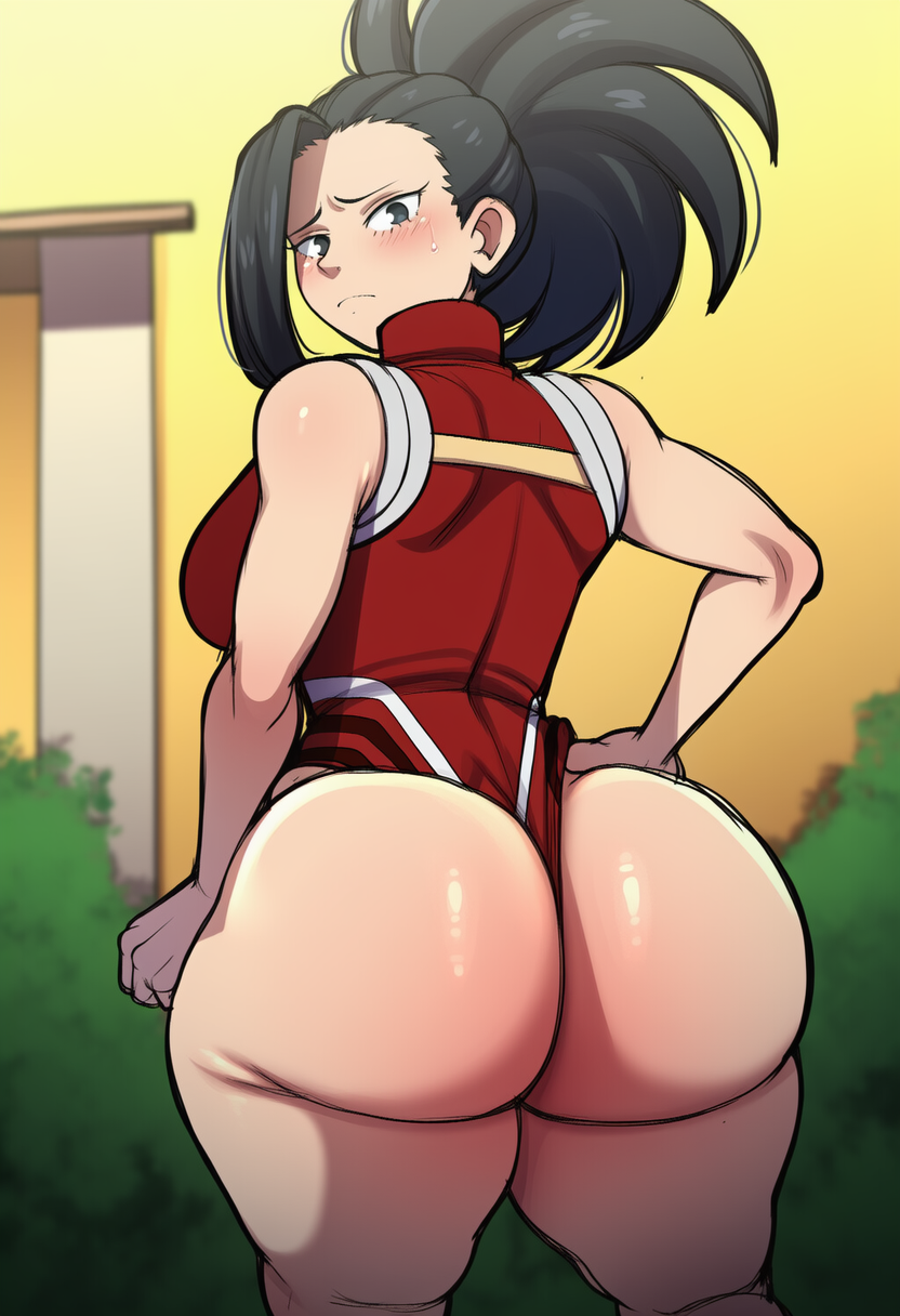 1girls, ai generated, ass, ass focus, back view, behind view, big ass, big breasts, big butt, breasts, bubble ass, bubble butt, female, female only, huge ass, leotard, light-skinned female, looking at viewer, momo yaoyorozu, my hero academia, novelai, public, school, solo, thick thighs