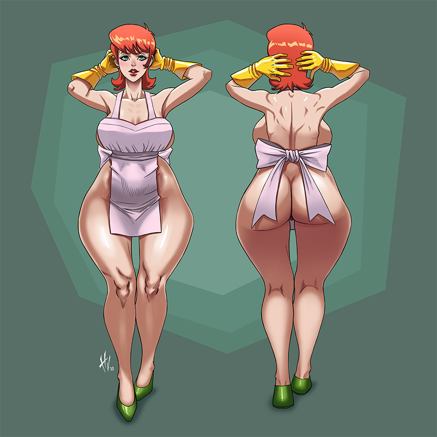 1girls, apron, apron only, ass, back view, backboob, big ass, big breasts, black eyes, breasts, dexter's laboratory, dexter's mom, female, female only, footwear, front view, full body, gloves, hair, hands on head, handwear, heels, hips, huge ass, huge breasts, hvond, latex, latex gloves, lips, mature, mature female, mature woman, milf, mother, naked apron, orange hair, red lips, red lipstick, short hair, solo, solo female, thick thighs, thighs, white apron, wide hips, yellow gloves