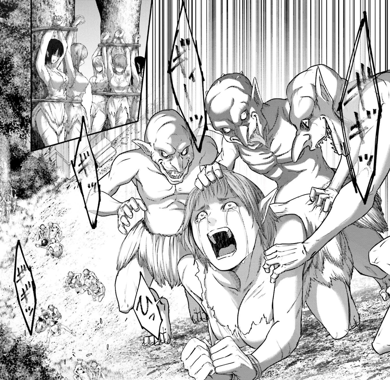 3boys, 3boys1girl, 6girls, breasts, buta no fukushuu, cleavage, cropped, cropped image, crying, crying with eyes open, doggy style, elf, elf ears, elf female, femsub, goblin, goblin male, grabbing hair, group, group rape, holding hair, maledom, manga, manga page, monochrome, multiple boys, multiple girls, multiple subs, official art, pointy ears, rape, raped by monster, raped female, scared, screaming, slave, tears, tied up, torn clothes, torn clothing