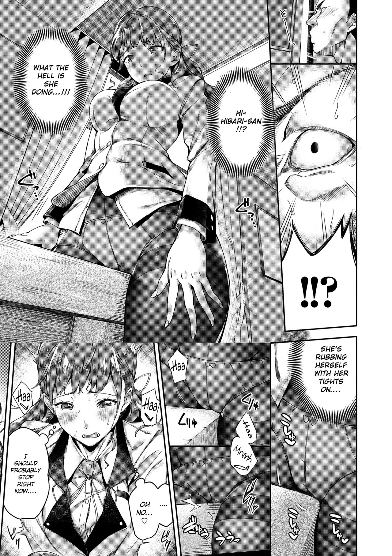 1female, 1girls, 1male, at school, blush, blushing female, bow panties, clitoral masturbation, clitoral stimulation, clitoris, close up pussy, close up view, clothed female, comic, corner humping, corner masturbation, crotch rub, cutout panel, english text, english translation, female, female clothed, female masturbation, female pervert, fetish, imminent penetration, imminent sex, imminent vaginal, imminent vaginal penetration, indoors, japanese onomatopoeia, light skin, light-skinned female, manga, manga page, masturbating, masturbating female, masturbation, monochrome, no sex (yet), no sex(yet), older male, older male and younger female, onomatopoeia, open eyes, panel cutouts, panties, panties under pantyhose, pantyhose, pervert female, public indecency, pussy, pussyrubbing through panties, school, school uniform, schoolgirl, schoolgirl uniform, see-through clothes, see-through clothing, see-through pantyhose, straight, sugarbt, table, table humping, table masturbation, through clothes, through clothing, through panties, tremble spikes, under skirt, younger female