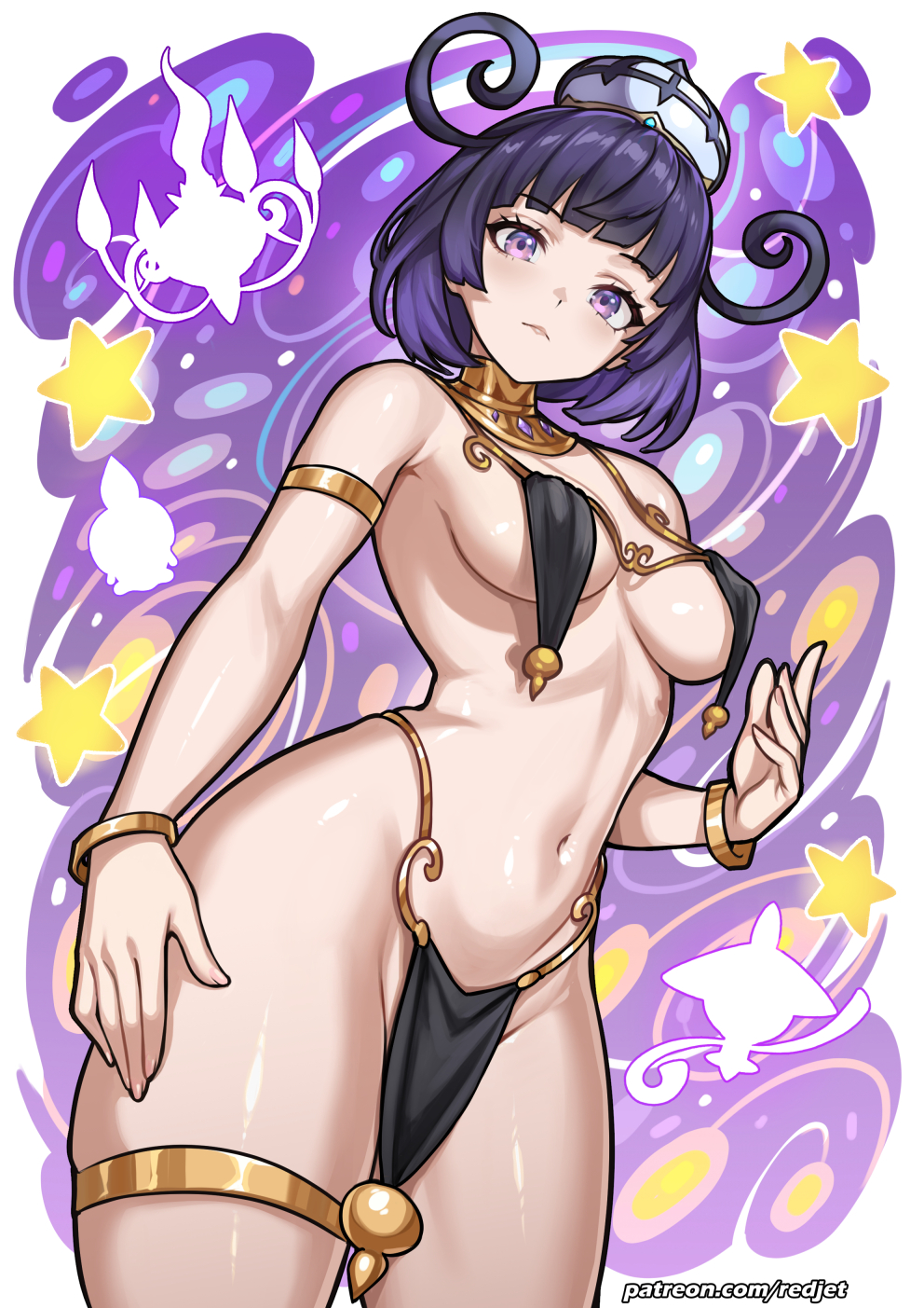 1girls, ancient egyptian, ancient egyptian clothes, armlet, bare shoulders, black hair, blunt bangs, bracelet, breast curtains, breasts, chandela, chandelure, closed mouth, colored inner hair, commentary request, female, game freak, gwynn (pokemon), hair between eyes, hairband, hat, highres, hitomoshi, jewelry, lampent, lampler, leaf, litwick, loincloth, long hair, looking at viewer, medium breasts, medium hair, mixed-language commentary, muku (pokemon), multicolored hair, navel, nintendo, parted lips, pelvic curtain, pokemon, pokemon legends: z-a, purple eyes, purple hair, redjet, shiny skin, short hair, solo, standing, stomach, thighlet, thighs