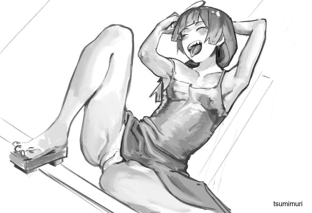 1girls, 2d, 2d (artwork), 2d artwork, adult, adult female, arm behind head, armpit, armpit crease, armpit peek, armpits, arms behind head, black and white, blunt bangs, bocchi the rock!, breasts, calves, cleft of venus, collarbone, digital, digital art, digital drawing, digital drawing (artwork), digital media, digital media (artwork), elbows, feet, female, female focus, female only, footwear, full body, greyscale, groin, hairless armpits, hanabimiya, hand behind head, hands behind head, head tilt, high resolution, highres, hiroi kikuri, knee up, knees, lean figure, legs, legs apart, legs spread, long hair, mature, mature female, monochrome, narrow waist, open mouth, open mouth smile, parted lips, petite, petite body, petite breasts, petite female, petite girl, petite tits, ponytail, pussy, pussy lips, sandals, shaved armpits, shoulders, simple background, sitting, slender body, slender waist, slim waist, small breast, small breasts, solo, spread legs, spreading legs, spreading thighs, thighs, tilted head, tiny breasts, toes, tongue, tongue out, tsumimuri, uncensored, uncensored pussy, uncensored vagina, upper teeth, vulva, vulva line, white background