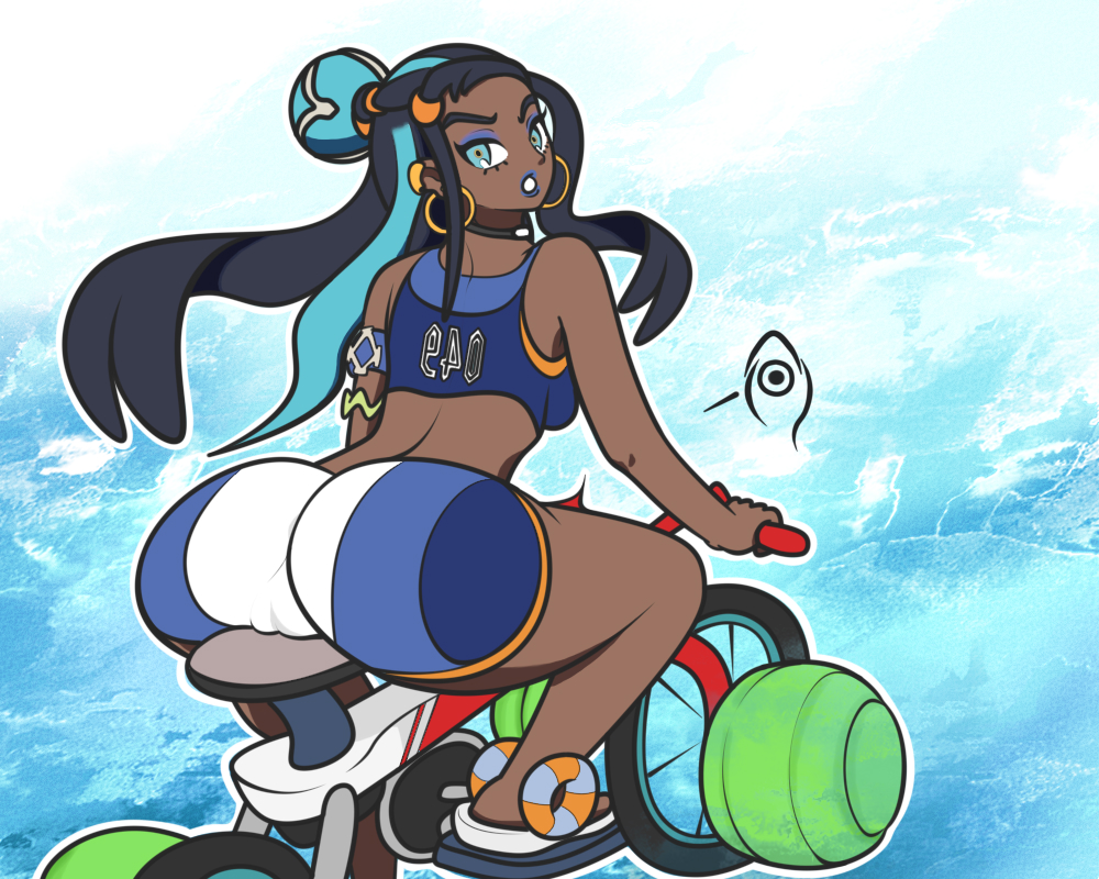 1girls, alternate breast size, artist request, ass, back, bare shoulders, bicycle, big ass, big breasts, blue background, blue eyes, blue hair, bracelet, breasts, cameltoe, clothed, dark skin, dark-skinned female, earrings, eyelashes, eyeshadow, feet, female, female only, gym, gym leader, huge ass, huge breasts, human, large ass, long hair, looking at viewer, looking back, necklace, nessa (pokemon), nintendo, pokemon, pokemon ss, pussy, shirt, shoes, shorts, sideboob, sitting, solo, source request, text, thick thighs, watermark, wide hips