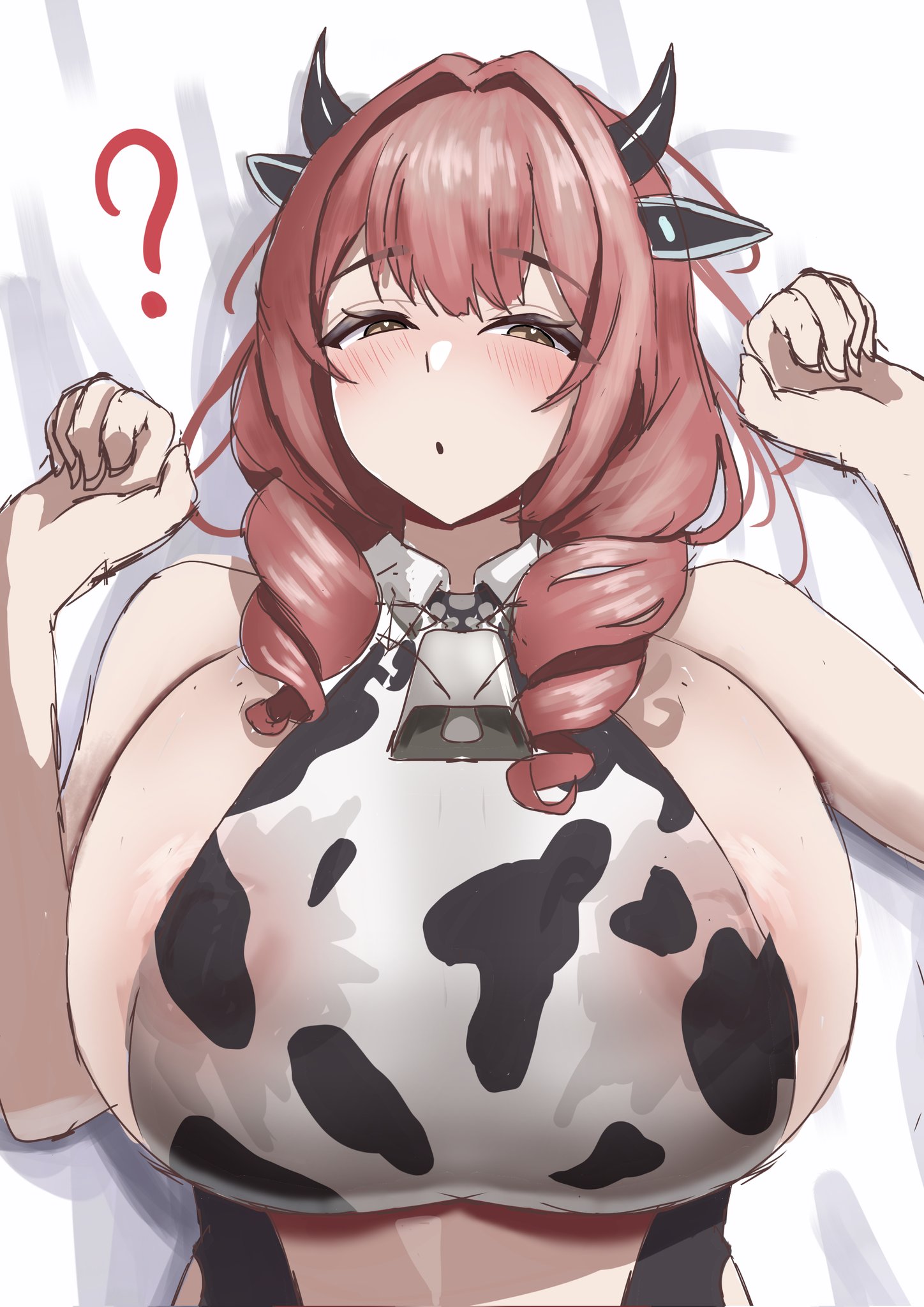 ?, 1girls, animal ears, animal print, azur lane, bell, blush, breasts, cg, cow ears, cow horns, cow print, cowpens (azur lane), drill hair, eagle union (azur lane), female, horns, huge breasts, light skin, light-skinned female, loob, looking at viewer, lying, on back, red hair, solo, upper body, yellow eyes