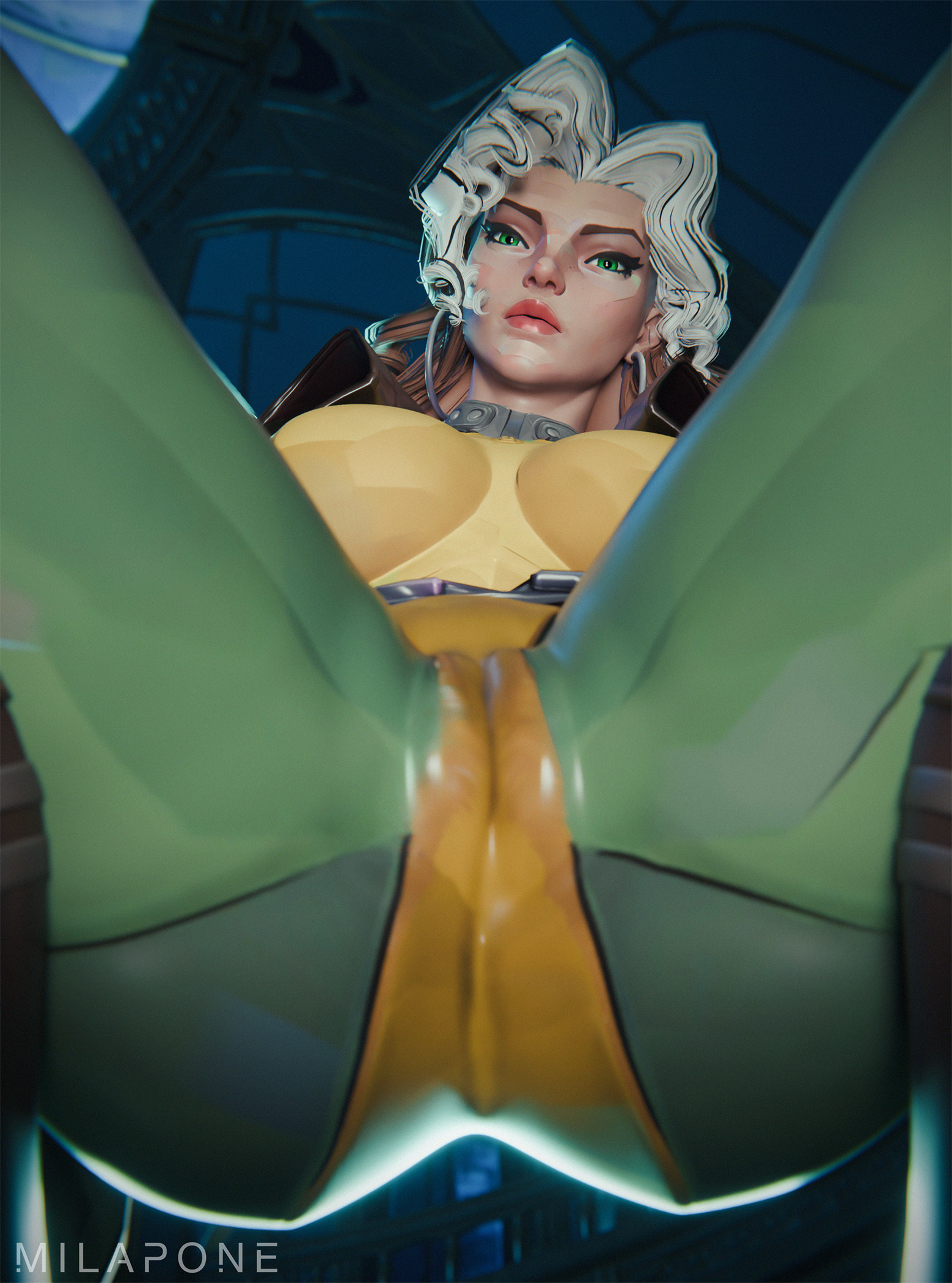 1girls, 3d, 3d (artwork), anna marie, below view, big ass, cameltoe, hoop earrings, looking at viewer, marvel, marvel rivals, milapone, rogue (marvel rivals), rogue (x-men)