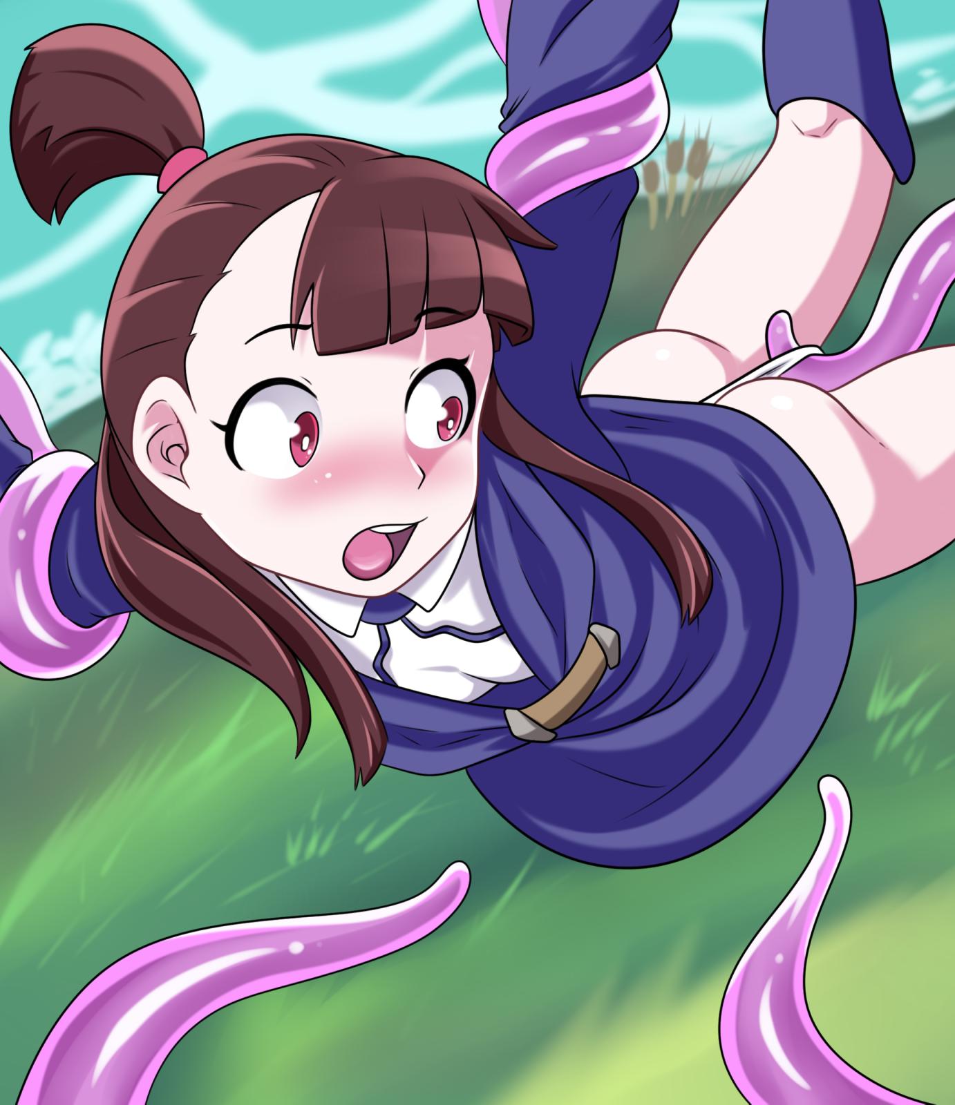 1girls akko_kagari ass blush brown_hair clothing female female_focus female_only little_witch_academia long_hair open_mouth panties panty_pull red_eyes restrained scorchingnova solo solo_female solo_focus tentacle tentacle_grab white_panties