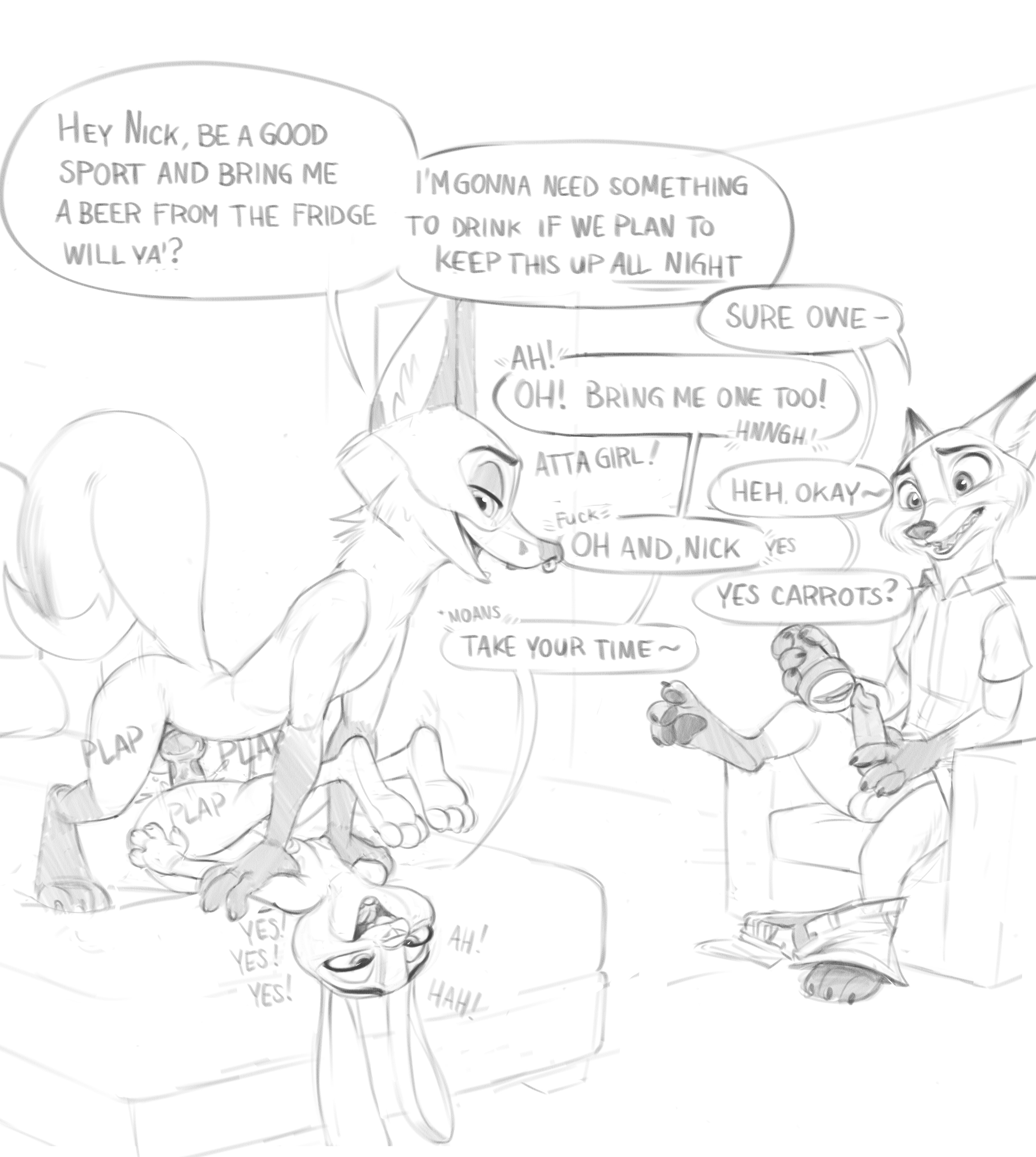 3 toes, absurd res, anthro, black and white, breasts, canid, canine, clothing, cuckold, disney, duo, english text, facial piercing, feet, female, female penetrated, fox, genitals, hi res, judy hopps, knot, lagomorph, leporid, line art, male, male penetrating, male penetrating female, male/female, mammal, monochrome, nick wilde, nose piercing, nose ring, owen (amadose), penetrable sex toy, penetration, penis, piercing, rabbit, sex, sex toy, small breasts, text, toes, trashtikko, zootopia