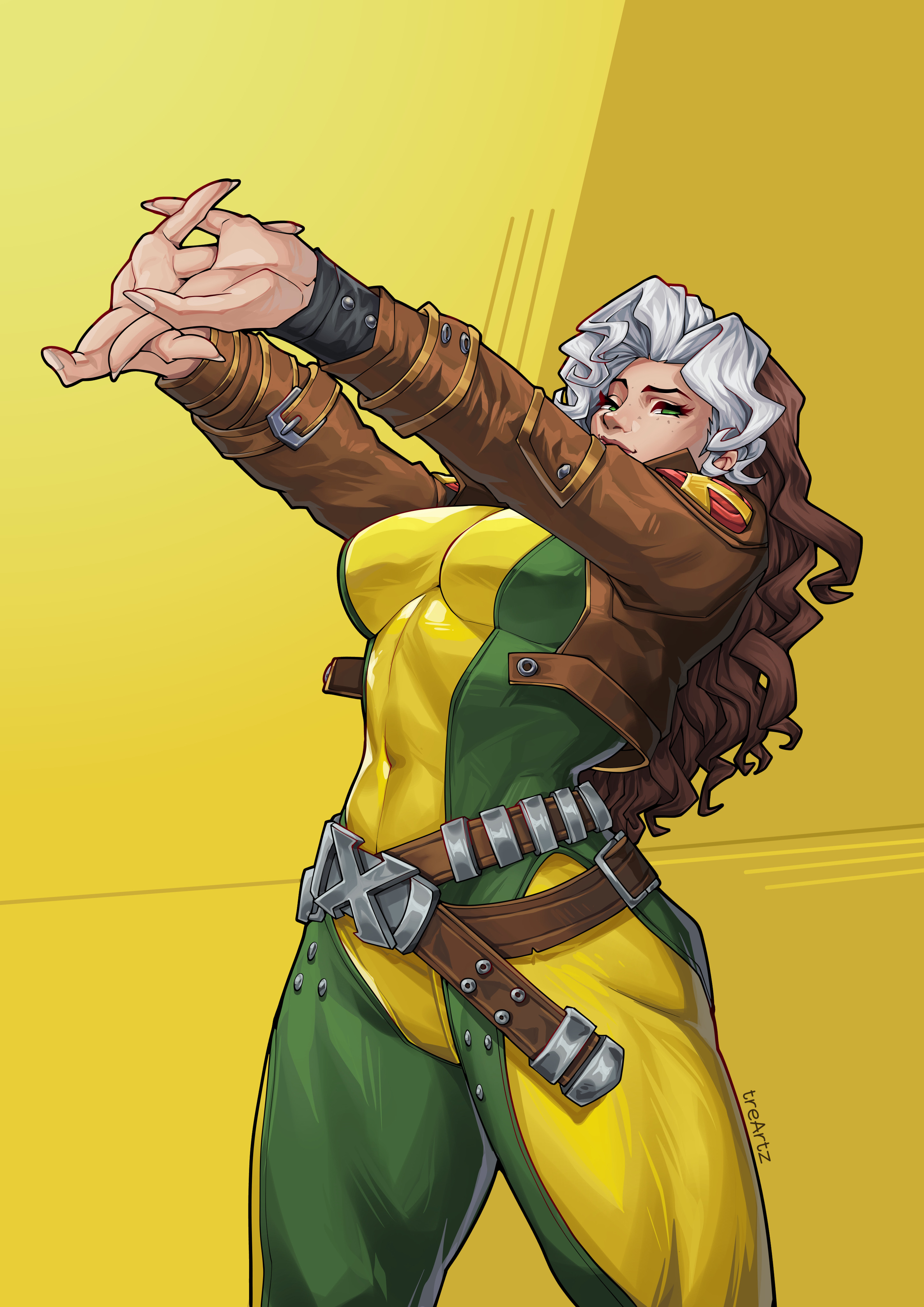 1girls, 2025, 2d, 2d (artwork), abs, artist name, big ass, big breasts, breasts, brown hair, busty, clothed, clothed female, cracking knuckles, curvy, curvy figure, female, female only, fully clothed, green eyes, jacket, long hair, looking at viewer, marvel, marvel rivals, mature female, multicolored hair, muscular female, muscular legs, muscular thighs, rogue (marvel rivals), rogue (x-men), sfw, solo, solo female, stretch, superheroine, thick thighs, treartz, wavy hair, white hair, x-men, yellow background