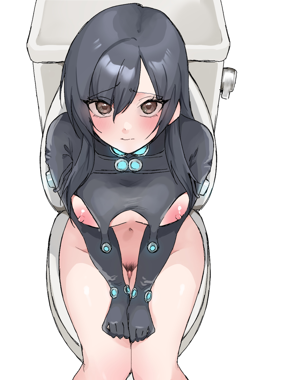 black hair, blush, bodysuit, bottomless, breasts out, brown eyes, clitoris, embarrassed, erect clitoris, female, female only, gantz, gantz suit, high-angle view, latex, latex suit, long hair, looking at viewer, looking up, pubic hair, reika shimohira, rubber suit, sitting, solo, tarabaganioisii, toilet