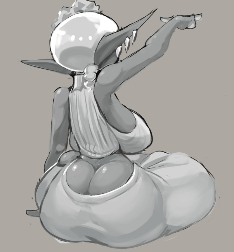 2024, af42nd, artform42nd, ass, ass cleavage, back view, big ass, big breasts, breasts, bubble butt, dark-skin, dark-skinned female, frye (splatoon), grey background, greyscale, inkling, long ears, shiny skin, splatoon, tagme