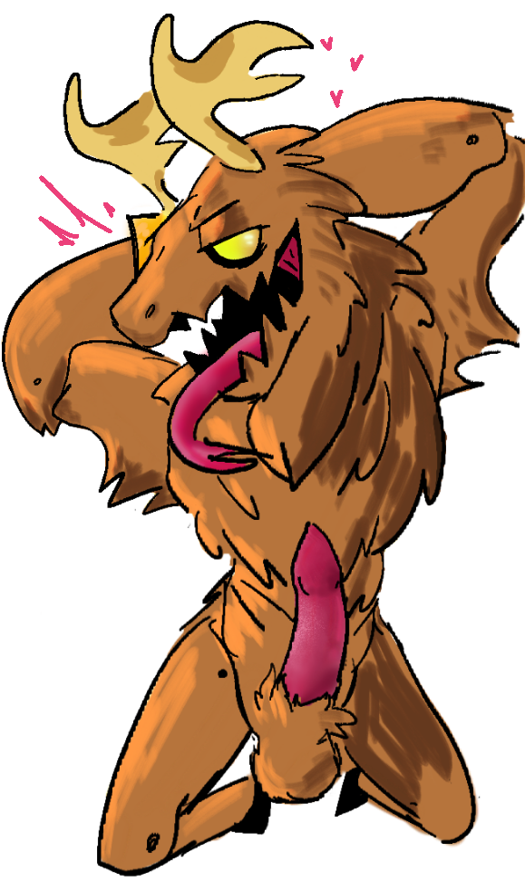 animal_genitalia antlers big_penis brown_fur dragon flat_colors forked_tongue fur furred_dragon gallil hands_behind_head heart hooves horn jersey_devil_(scribblenauts) long_tongue looking_at_viewer male male_only monster open_mouth penis pinup pose red_penis scribblenauts sheath simple_background smile solo tongue white_background yellow_eyes