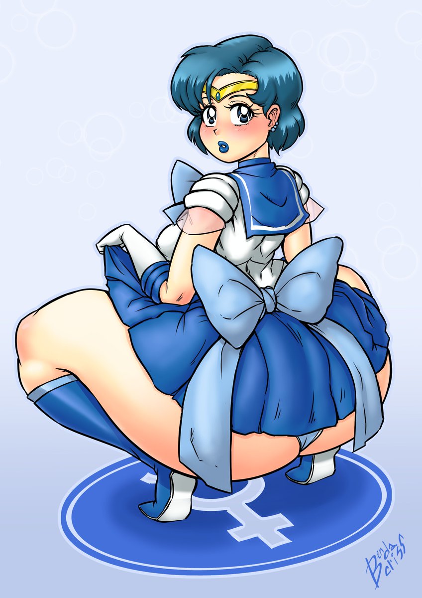 1girls, ami mizuno, ass, ass hanging out, ass hanging out of skirt, bendacriss, big ass, big breasts, big butt, bimbo, bishoujo senshi sailor moon, blue hair, boots, bottom heavy, breasts, bubble ass, bubble butt, busty, clothing, female, female only, huge ass, hyper thighs, knee boots, lipstick, looking at viewer, looking back, massive thighs, panties, presenting, presenting hindquarters, rear view, sailor mercury, short skirt, skirt, solo, squatting, teenager, thick ass, thick thighs, thunder thighs