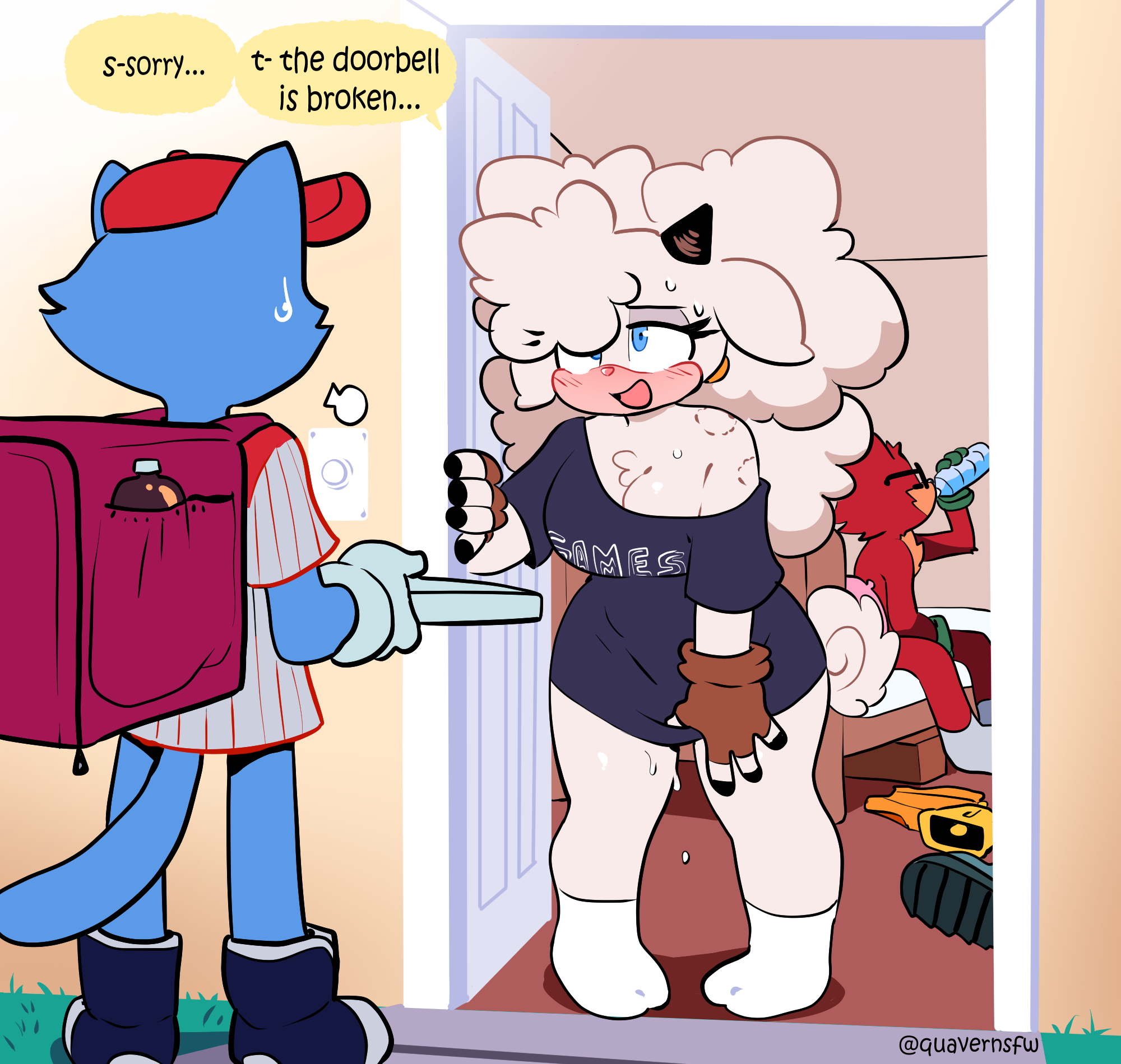 bite mark, bite mark on shoulder, bite marks, drinking, drinking water, gadget the wolf, glasses, lanolin the sheep, pizza box, pizza delivery, quavernsfw, sega, sonic (series), sonic the hedgehog (series), sweating, tagme, water bottle