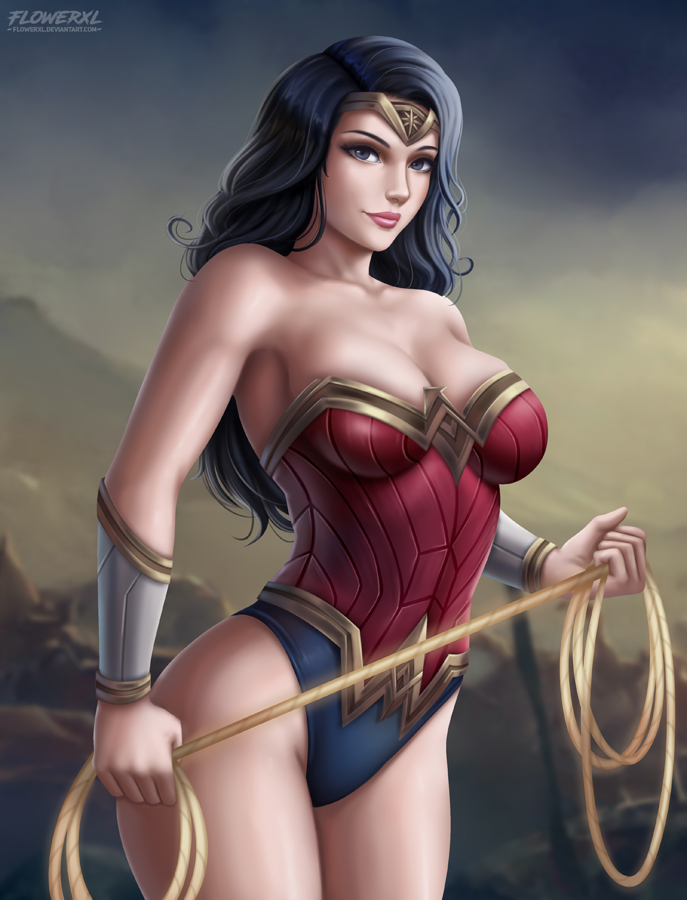 1girls, breasts, cleavage, dc, dc comics, diana prince, female, female only, flowerxl, looking at viewer, pinup, solo, wonder woman, wonder woman (series)