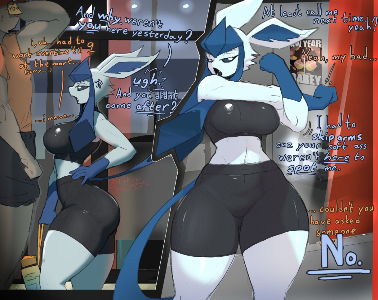 1boy, 1girls, af42nd, anonymous male, anthro, artform42nd, ass, athletic, athletic female, big breasts, breasts, curvy, curvy female, dialogue, english text, female, furry, glaceon, height difference, human, male, multiple views, navel, pokemon, pokemon (species), pose, tagme, text, thick thighs, thighs, tsundere, vein
