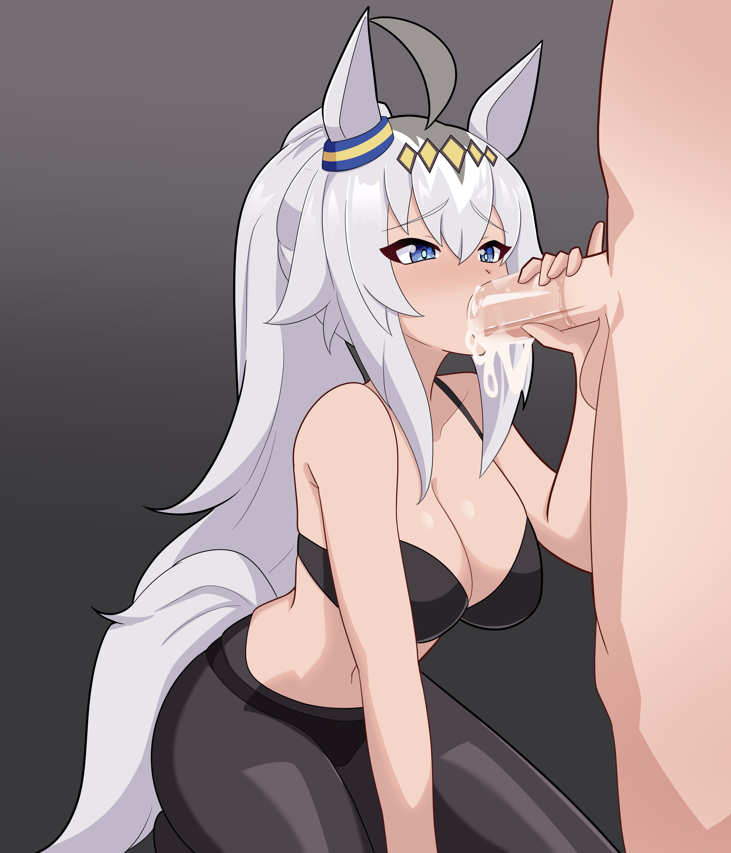 1boy, 1girls, ahoge, black underwear, blue eyes, cum, cum in mouth, fellatio, female, grey hair, hairband, horse ears, horse girl, horse tail, julian belkan, kneeling, light skin, light-skinned female, light-skinned male, long hair, male, nude, nude male, oguri cap (umamusume), pantyhose, partially clothed, ponytail, tail, umamusume, underwear
