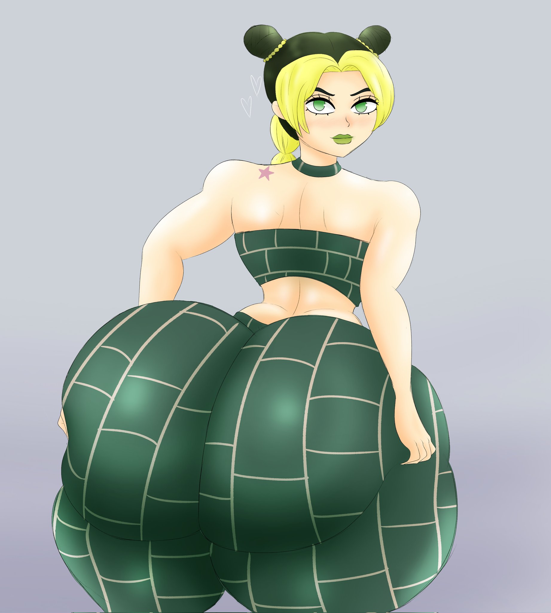 1girls, ass, ass bigger than head, ass focus, ass grab, big ass, birthmark, blonde hair, clothing, female, female focus, female only, from behind, grabbing, grabbing ass, grabbing own ass, green eyes, green hair, huge ass, jojo's bizarre adventure, jolyne kujo, lipstick, looking at viewer, looking back, multicolored hair, ponytail, smile, solo, solo female, solo focus, stone ocean, thick, thick ass, thick thighs, zacas