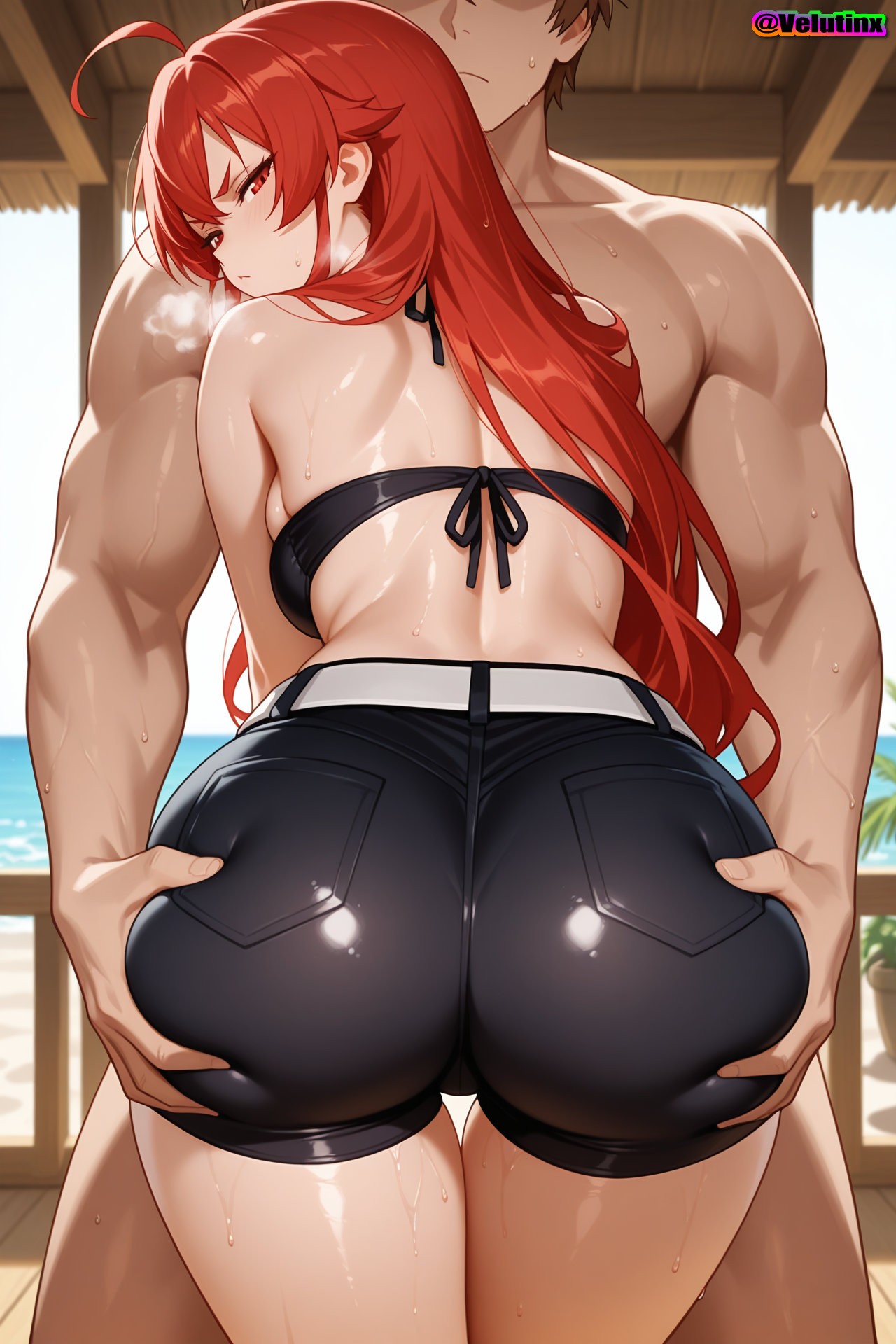 1girls, ai generated, ass focus, ass grab, beach, big breasts, black shorts, blush, breasts, bubble butt, bursting breasts, busty, cleavage, crop top, curvaceous, curvy, curvy body, curvy female, curvy figure, curvy hips, eris greyrat, eris greyrat (adult), from below, hi res, high quality, high resolution, highres, hourglass figure, huge ass, huge hips, large breasts, looking at viewer, low angle, mature, mature female, mushoku tensei, ocean, outdoors, paid reward available, red eyes, red hair, rudeus greyrat, seaside, shiny skin, shorts, skindentation, sky, soft breasts, solo focus, sweat, sweating, thick thighs, thigh gap, velutinx, visible breath, voluptuous, voluptuous body, voluptuous female, watermark, waves, wet clothes, wet hair, wet shirt, wet skin, wide hips