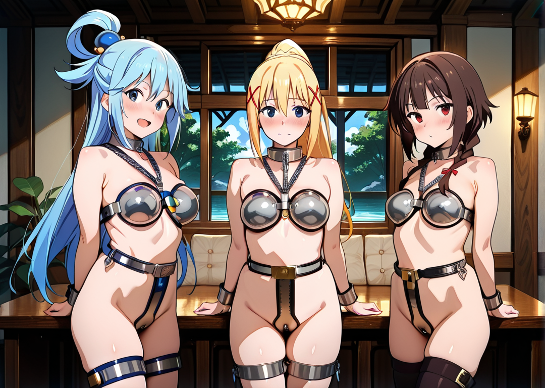 3girls, ai generated, aqua (konosuba), benmccannon (artist), blonde hair, blue eyes, blue hair, blush, brown hair, chastity, chastity belt, chastity bra, chastity device, darkness (konosuba), female, female chastity, female only, femsub, kono subarashii sekai ni shukufuku wo!, konosuba, looking at viewer, megumin, metal collar, open mouth, red eyes