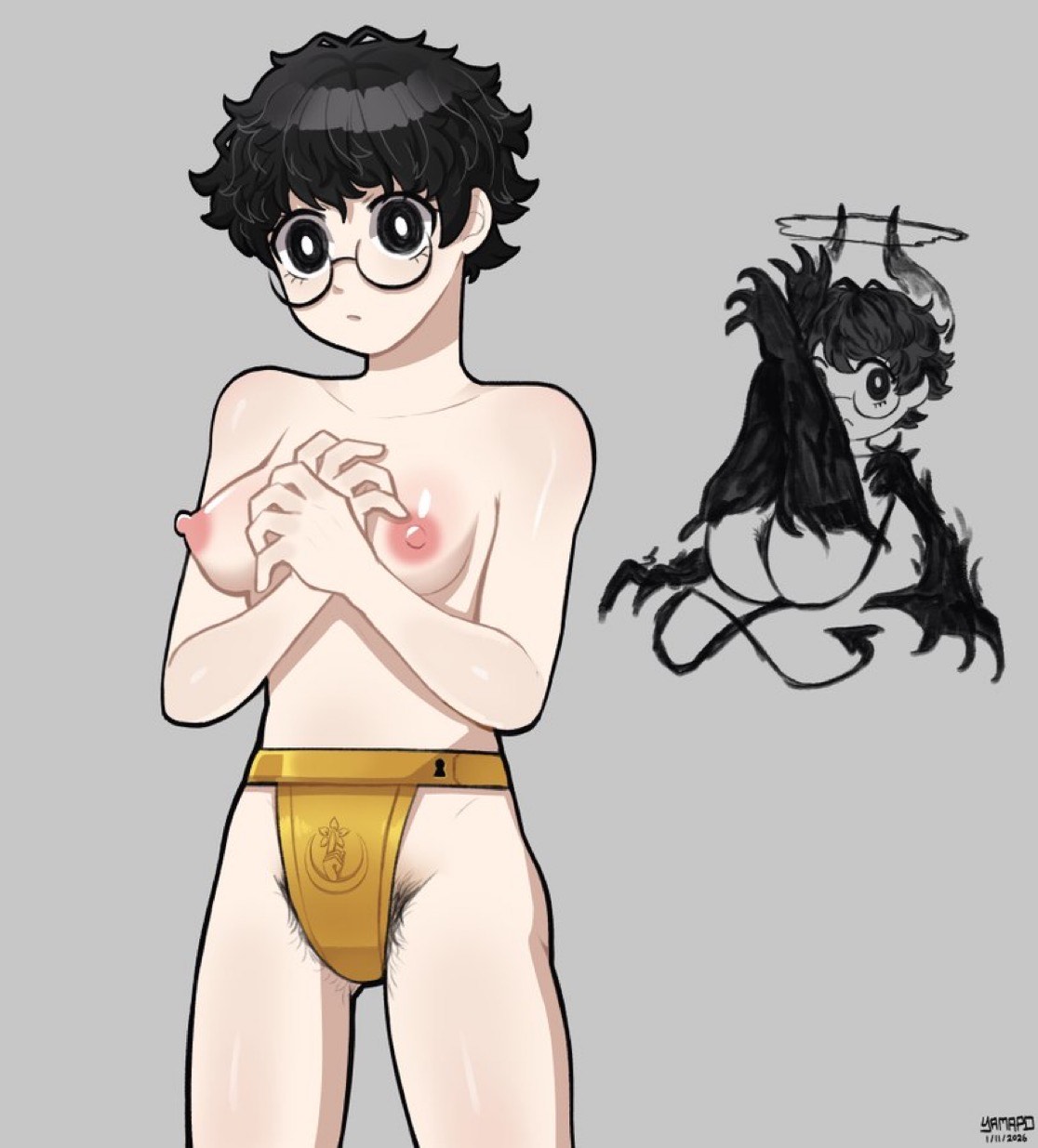 1girls, chastity, chastity belt, chastity device, erect nipples, female, female chastity, female only, femsub, glasses, limbus company, messy hair, project moon, pubic hair, sketch, slim, sora (limbus company), tagme, topless, yamapollogee