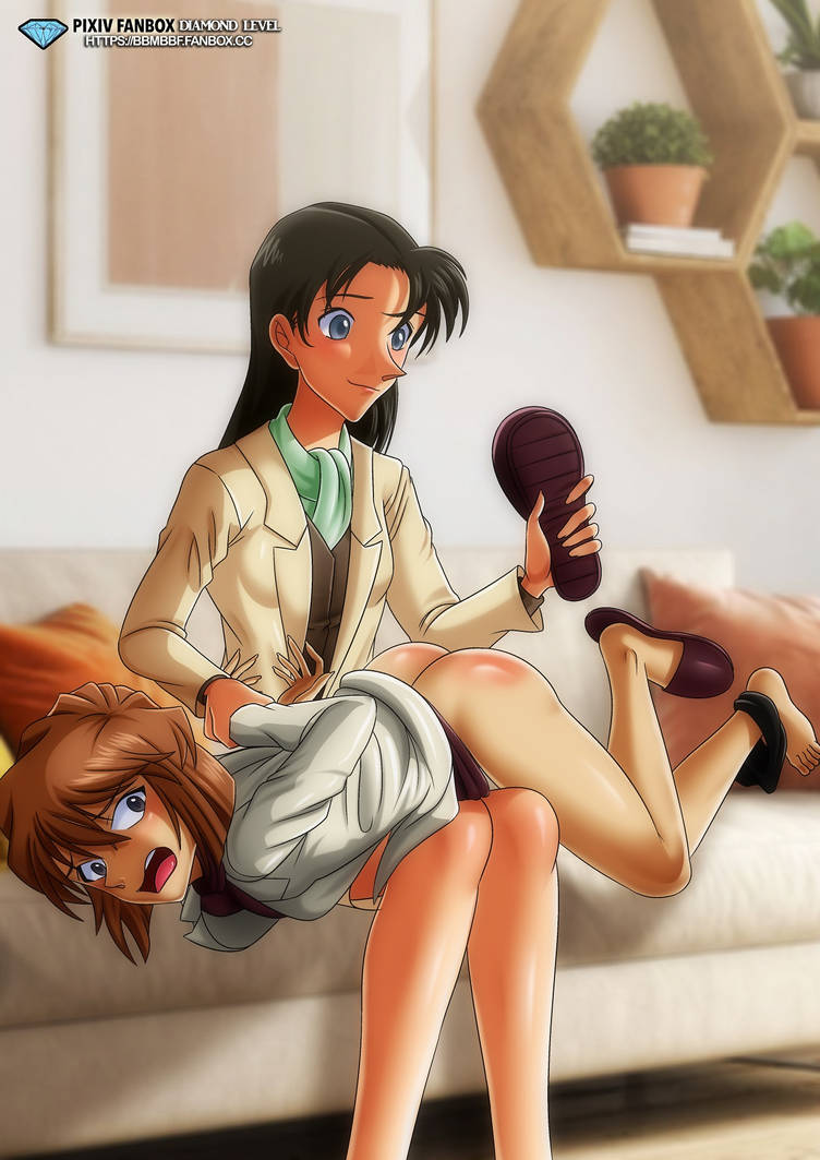 2girls ai_haibara akemi_miyano arms_behind_back ass bare_thighs black_hair black_organization black_panties breasts brown_hair couch curvy detective_conan female female_only holding_object human indoors long_hair looking_back multiple_girls no_pants open_mouth palcomix pale-skinned_female pale_skin panties_around_one_leg scientist shiho_miyano short_hair sisters slippers smile spanking suit wide_hips