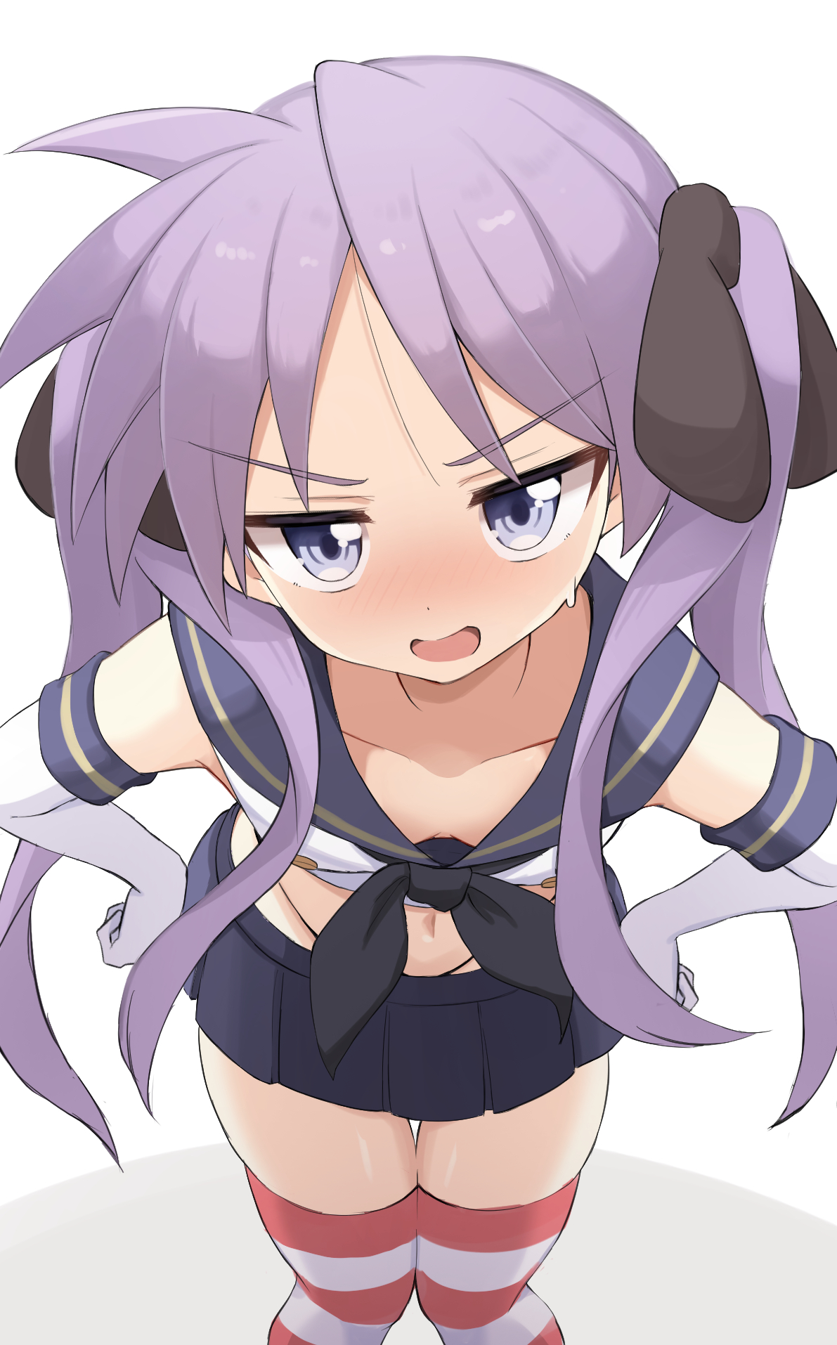 annoyed, black panties, blue skirt, breasts, cleavage, commentary request, cosplay, downblouse, elbow gloves, female, gloves, hair ribbon, hands on own hips, highleg, highleg panties, highres, hiiragi kagami, kagami hiiragi, kantai collection, leaning forward, long hair, looking at viewer, lucky star, md5 mismatch, microskirt, miniskirt, nicomi-chan, no dickey, open mouth, panties, pleated skirt, purple hair, ribbon, school uniform, serafuku, shimakaze (kancolle), shimakaze (kancolle) (cosplay), skirt, small breasts, solo, striped clothes, striped thighhighs, thigh gap, thighhighs, twintails, underwear, white gloves, zettai ryouiki