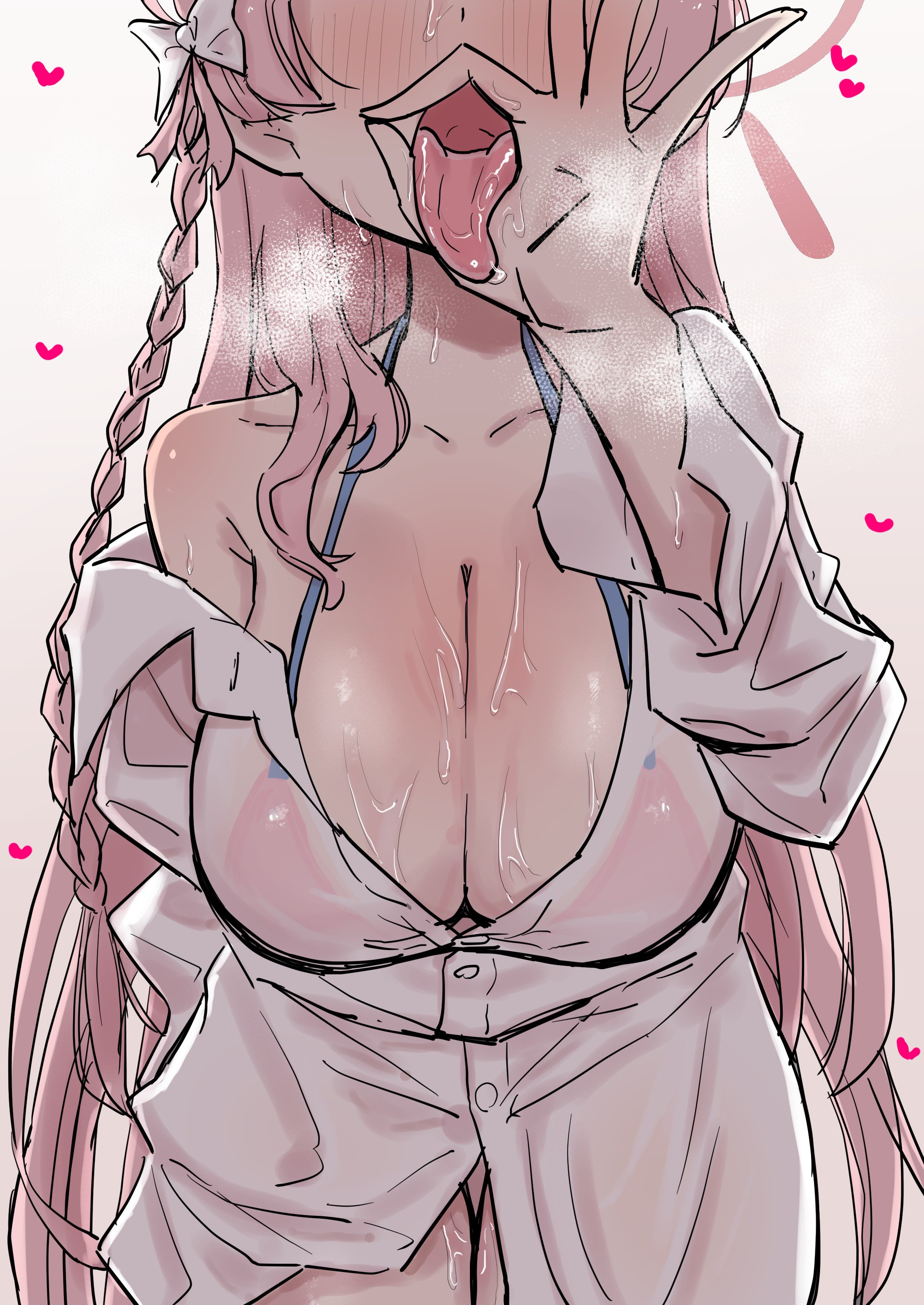 1girls, bare shoulders, blue archive, blush, breasts, cleavage, fellatio gesture, female, hanako (blue archive), large breasts, long hair, open mouth, pink hair, reloco, solo, solo female, solo focus, sweat, tongue, tongue out