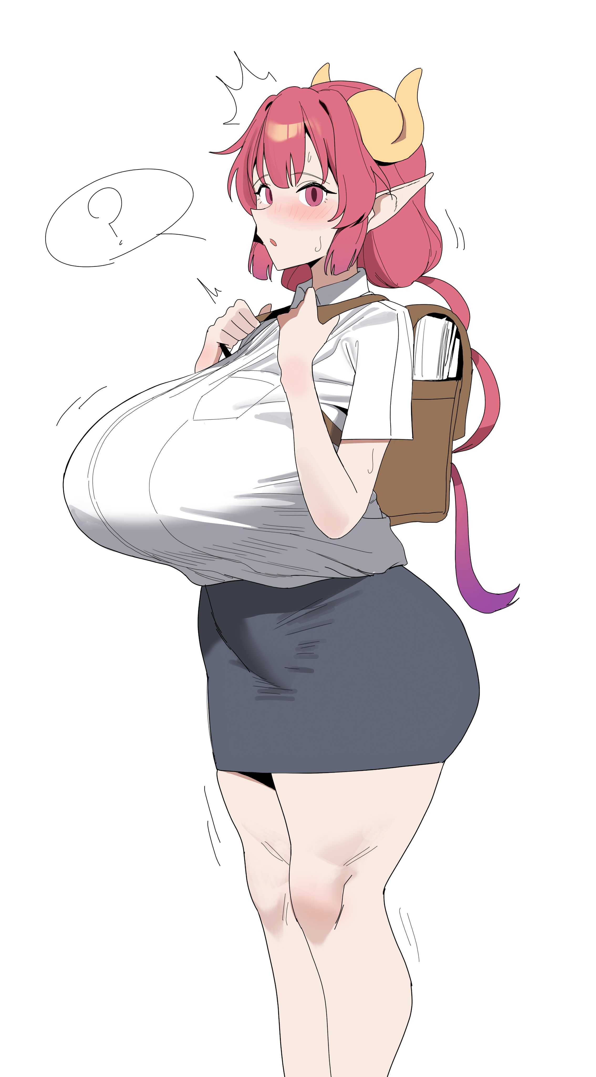 1girls, aged up, animal ears, backpack, bag, big breasts, blush, breasts, clothed, clothed female, horn, horns, huge breasts, ilulu (dragon maid), long hair, miniskirt, miss kobayashi's dragon maid, pencil skirt, pink eyes, pink hair, randoseru, shirt, skirt, solo, tagme, tight clothing, trembling, white background, ysz