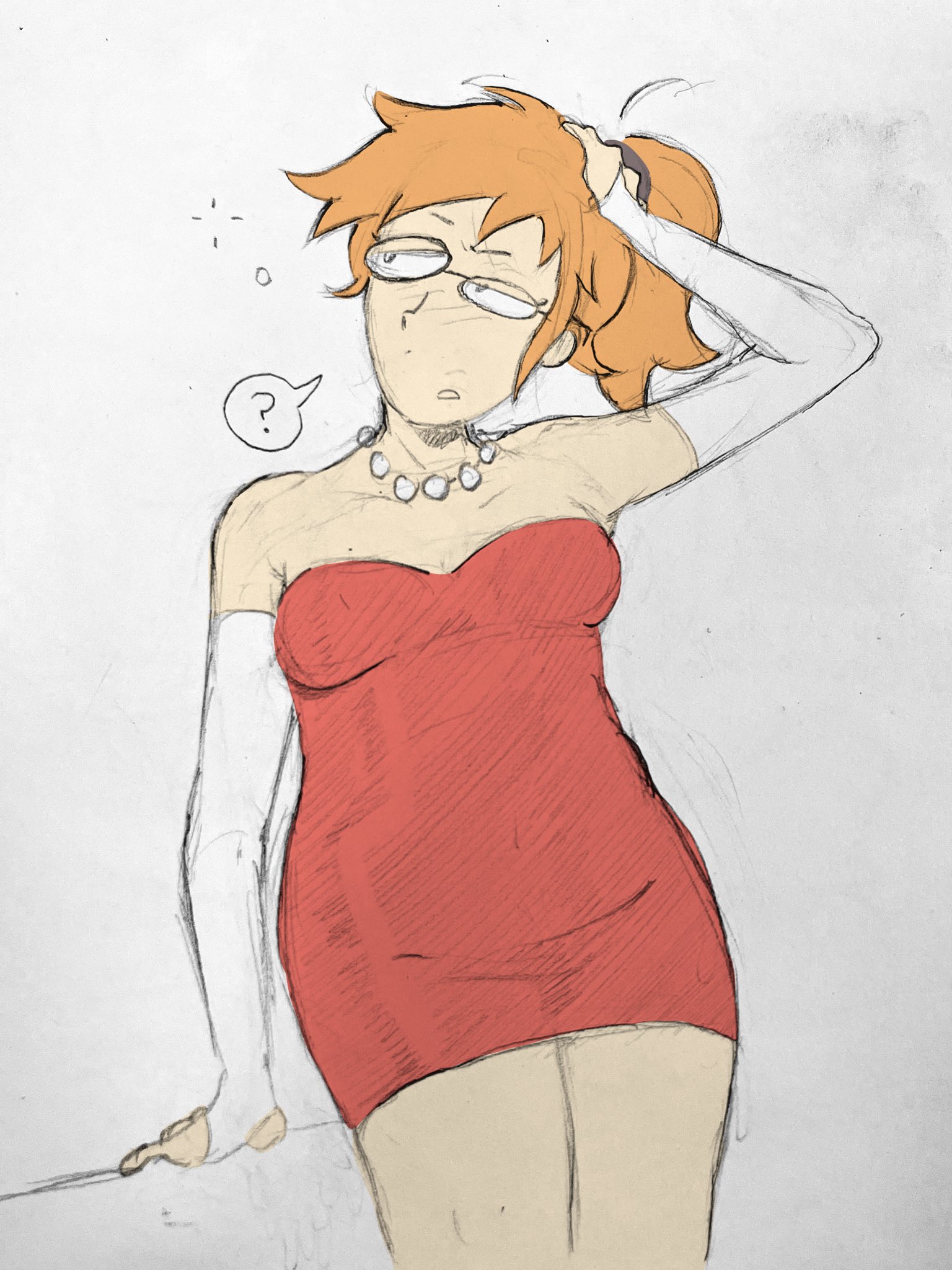 artist request, average breasts, confused look, glasses, gloves, hand on hair, hips wider than shoulders, ponytail, question mark, red dress, red hair, smiling friends, thick ass, thick hips, thick thighs, zoey (smiling friends)