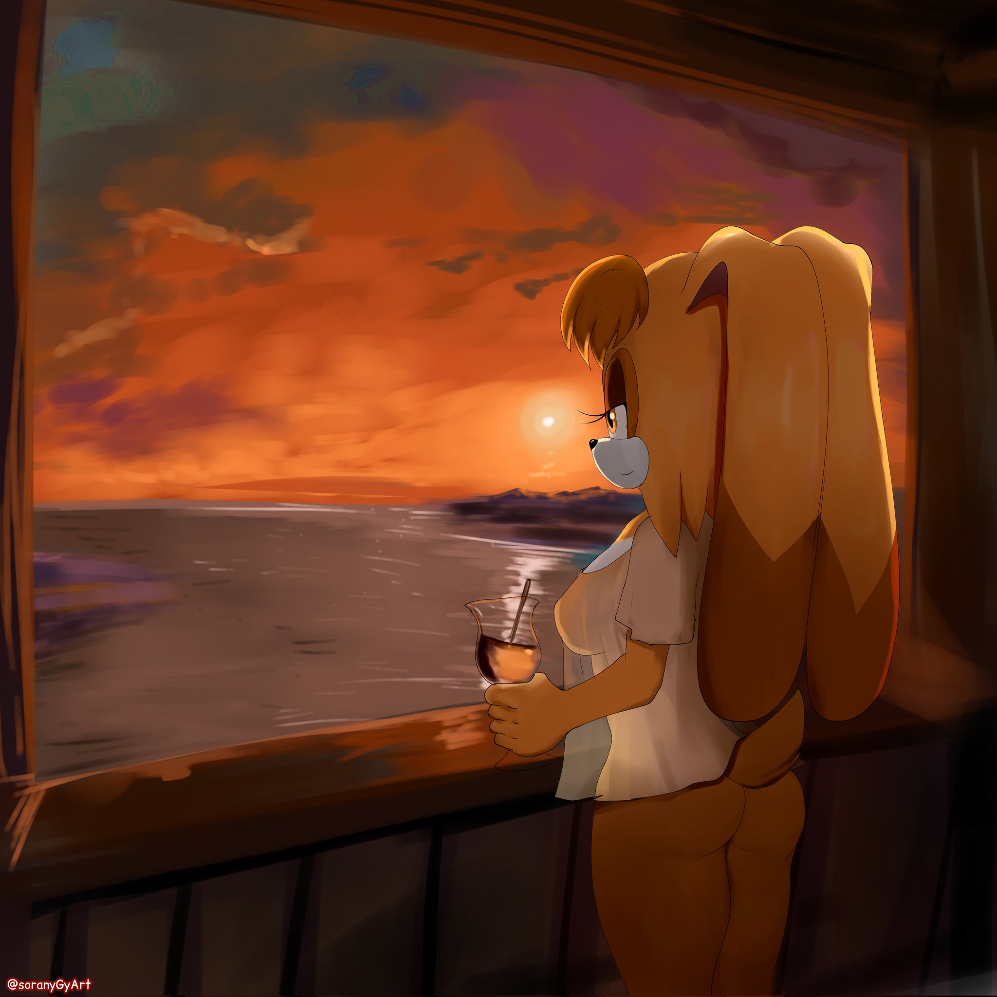 1girls, anthro, ass, furry, rabbit, sega, solo, sonic (series), sonic the hedgehog (series), soranygy, sunset, vanilla the rabbit