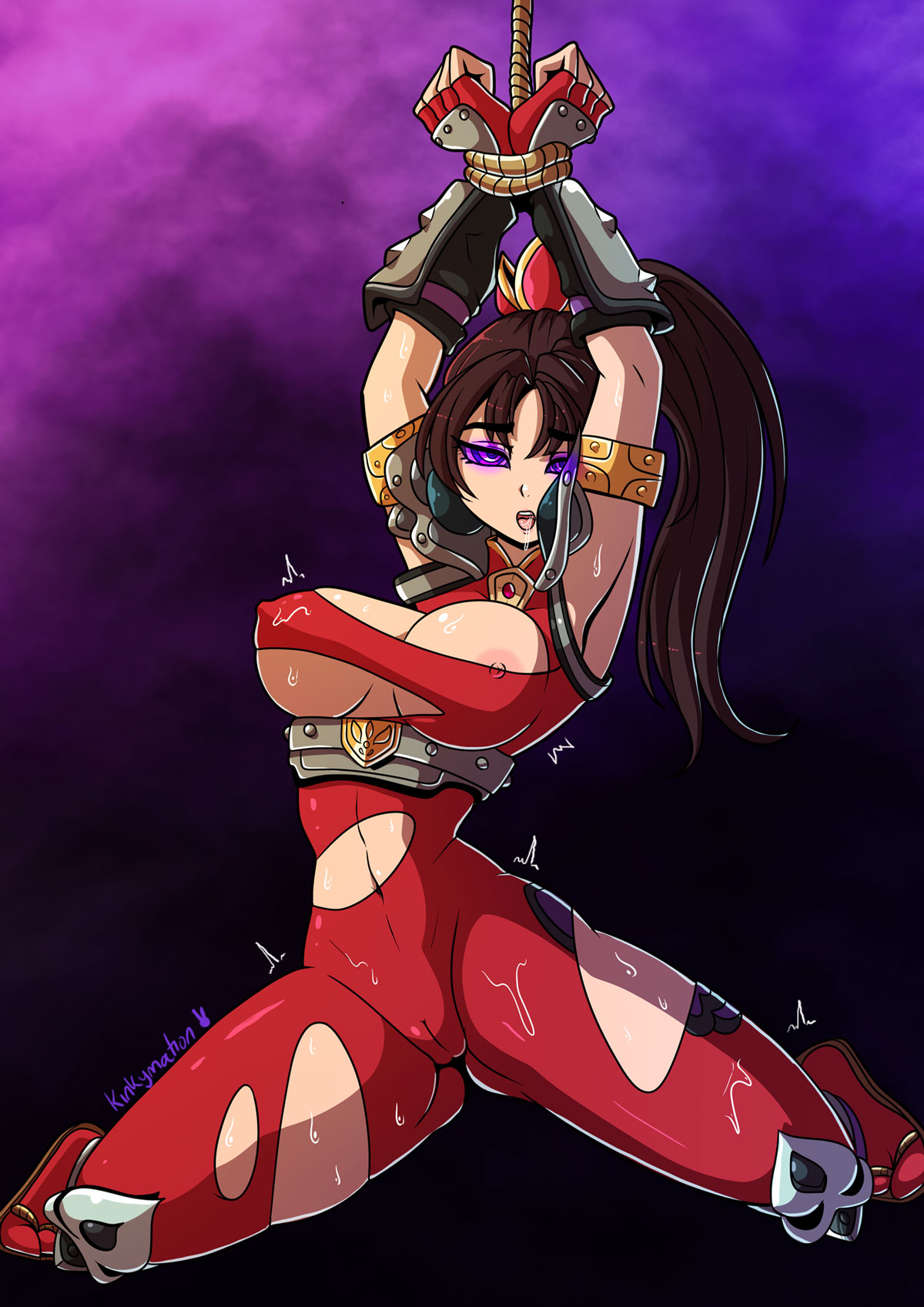 1girls, areola slip, areolae, big breasts, breasts, brown hair, cameltoe, clothing, female, female only, hair, hypnosis, kinkymation, mind control, nipple bulge, purple eyes, pussy, rope, solo, soul calibur, taki (soulcalibur), tied, tied up, video games