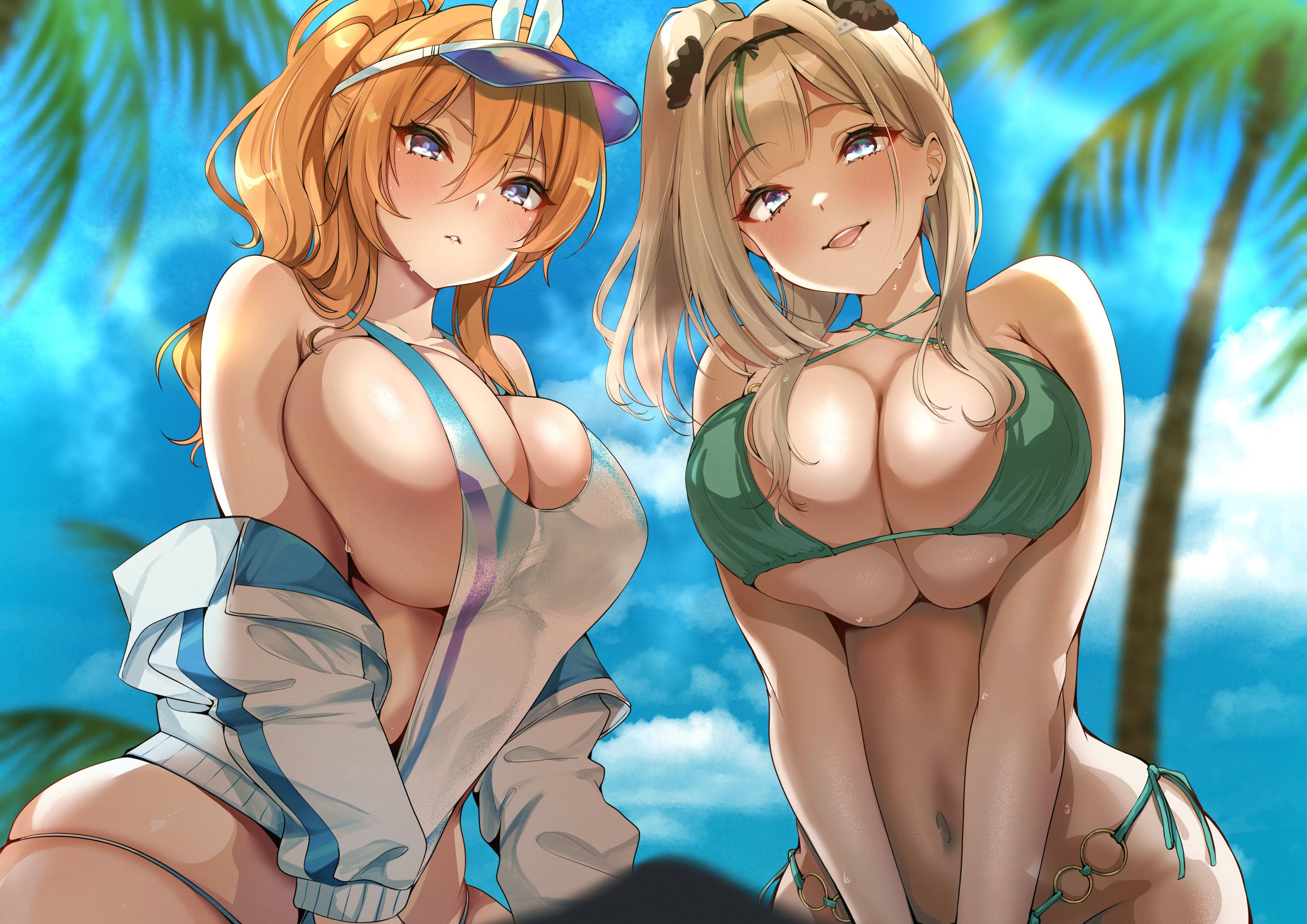 2girls, absurd res, absurdres, bare shoulders, beach, bikini, blonde hair, blue eyes, blush, breasts, breasts bigger than head, breasts squeezed together, brown dust (series), brown dust 2, cleavage, day, female, hair intakes, hair ornament, hairband, hi res, highres, jacket, large breasts, long hair, looking at viewer, multiple girls, murabito c, navel, nebris (brown dust 2), nebris (laid-back lifeguard) (brown dust 2), o-ring, o-ring bikini, off shoulder, official alternate costume, one-piece swimsuit, open clothes, open jacket, orange hair, outdoors, palm tree, sideboob, smile, sunglasses, swimsuit, tree, underboob, visor cap, zenith (brown dust), zenith (poolside guardian) (brown dust)